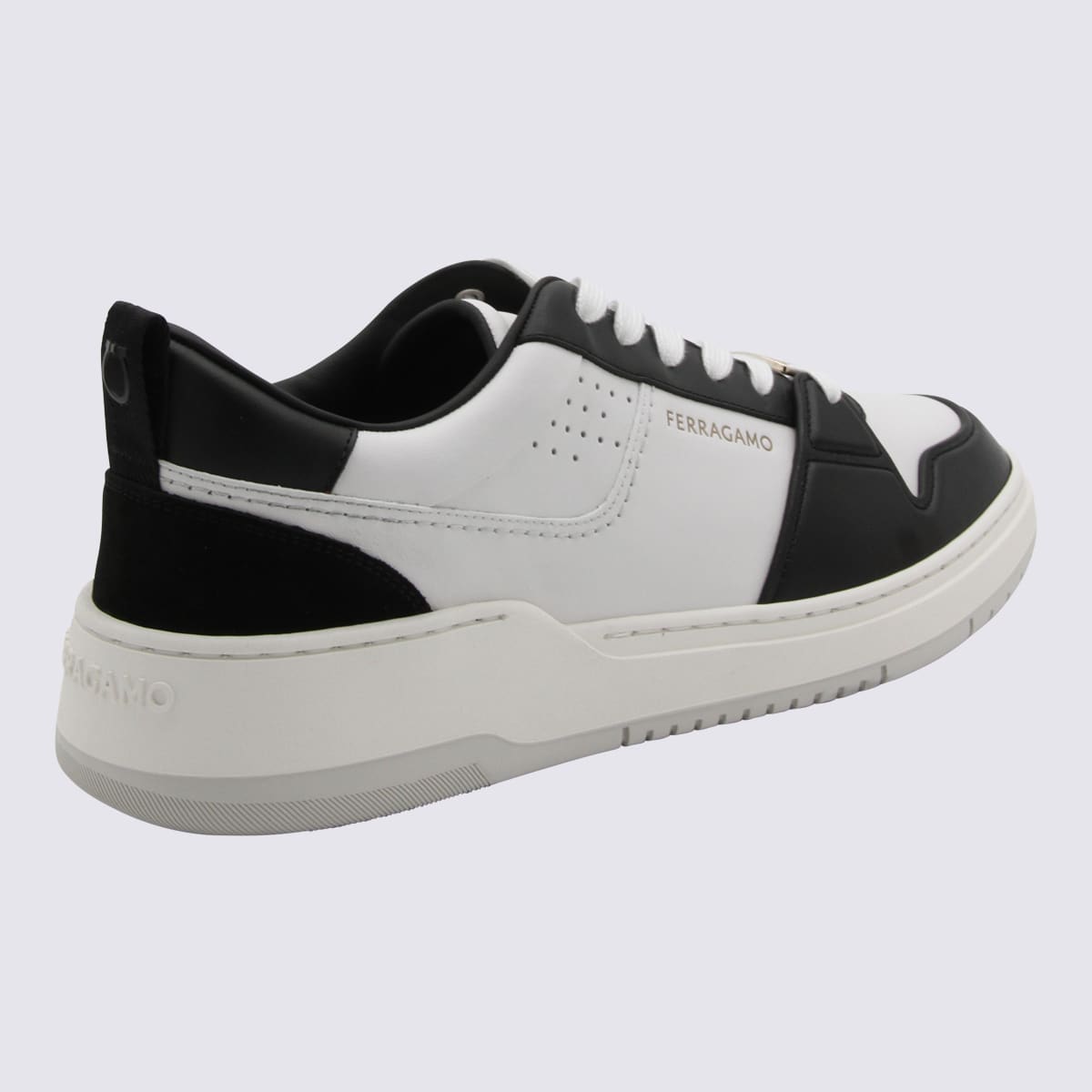 Shop Ferragamo White And Black Leather Sneakers