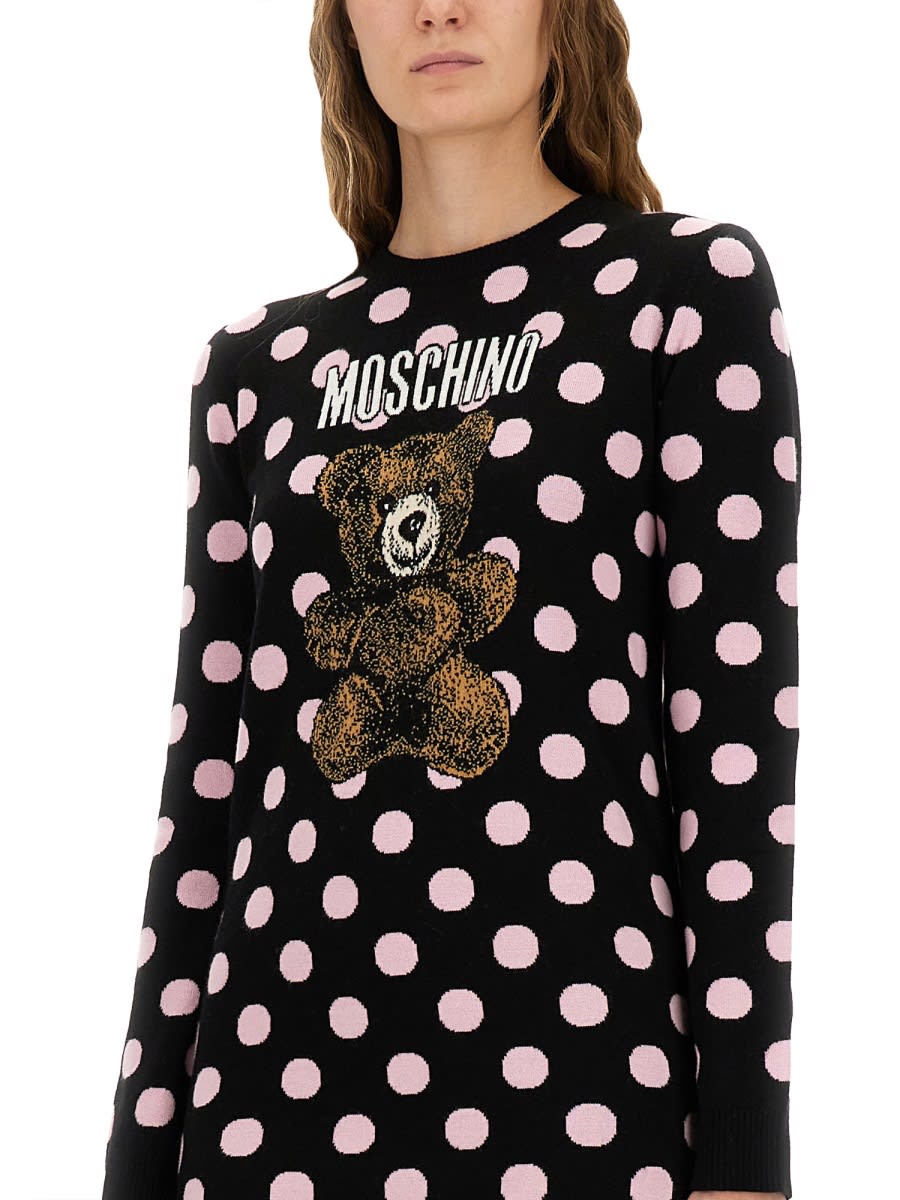 Moschino Long Sleeve Polka Dot Graphic Dress In Black