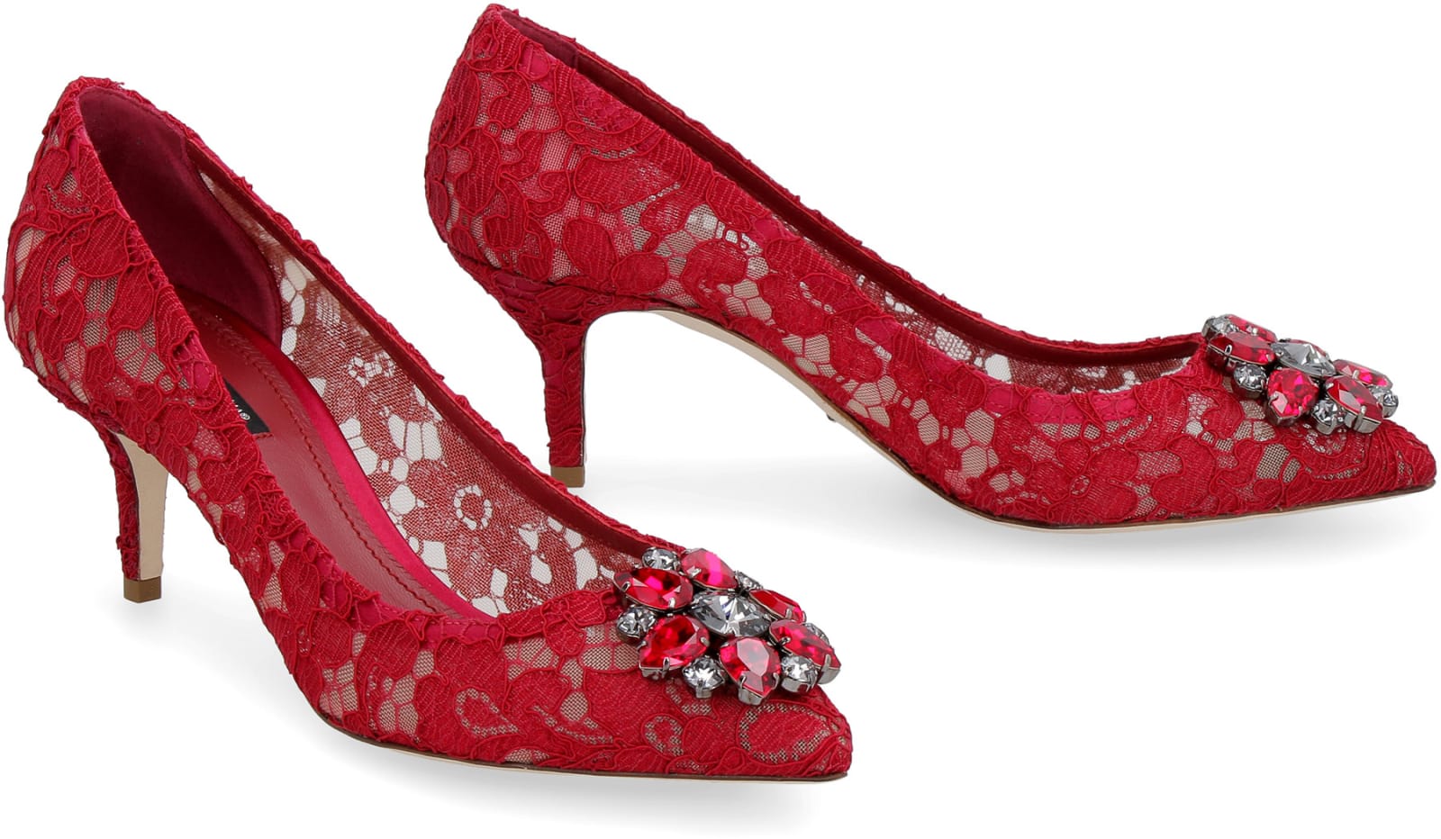 Dolce & Gabbana Bellucci 60 Brooch Embellished Lace Pumps In Red