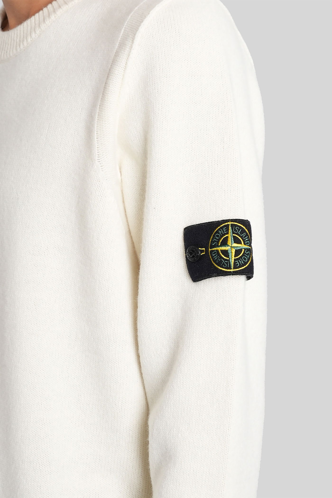 Stone Island Crew Neck Wool Sweater With Reverse Stitch Details In White