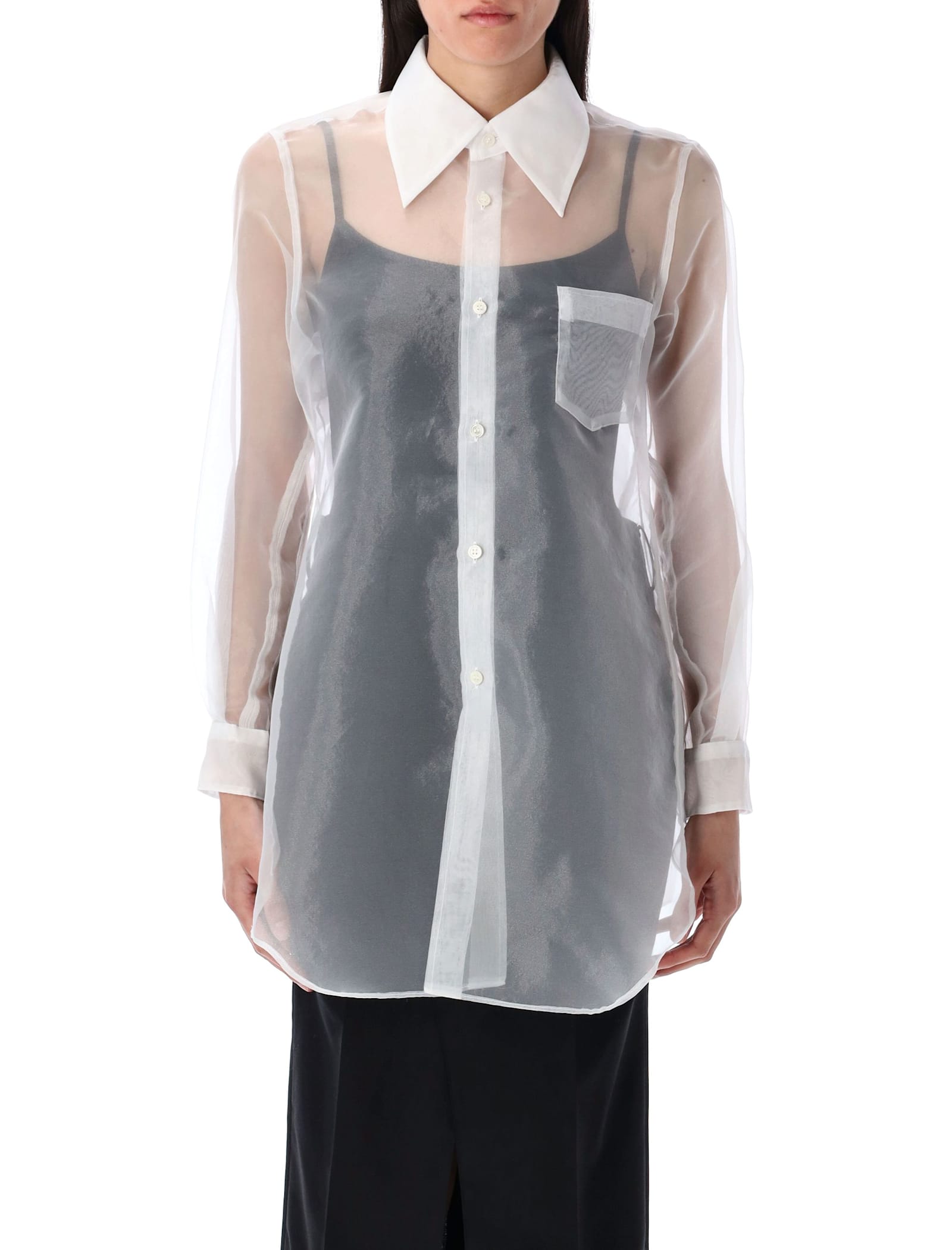 Comme Des Garçons Layered Wool Mesh And Tulle Shirt In White