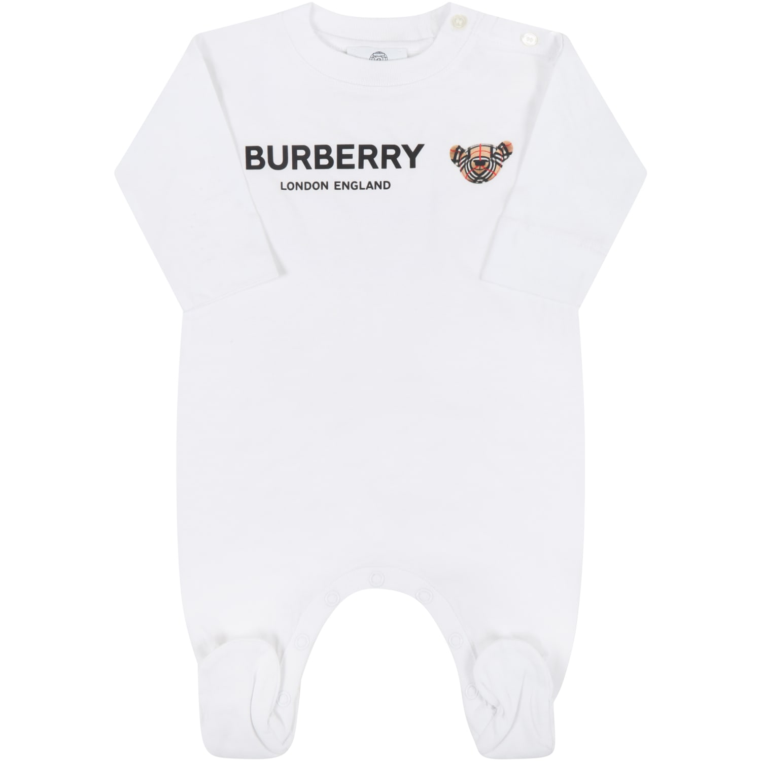 Burberry White Jumpsuit For Babykids With Thomas Bear