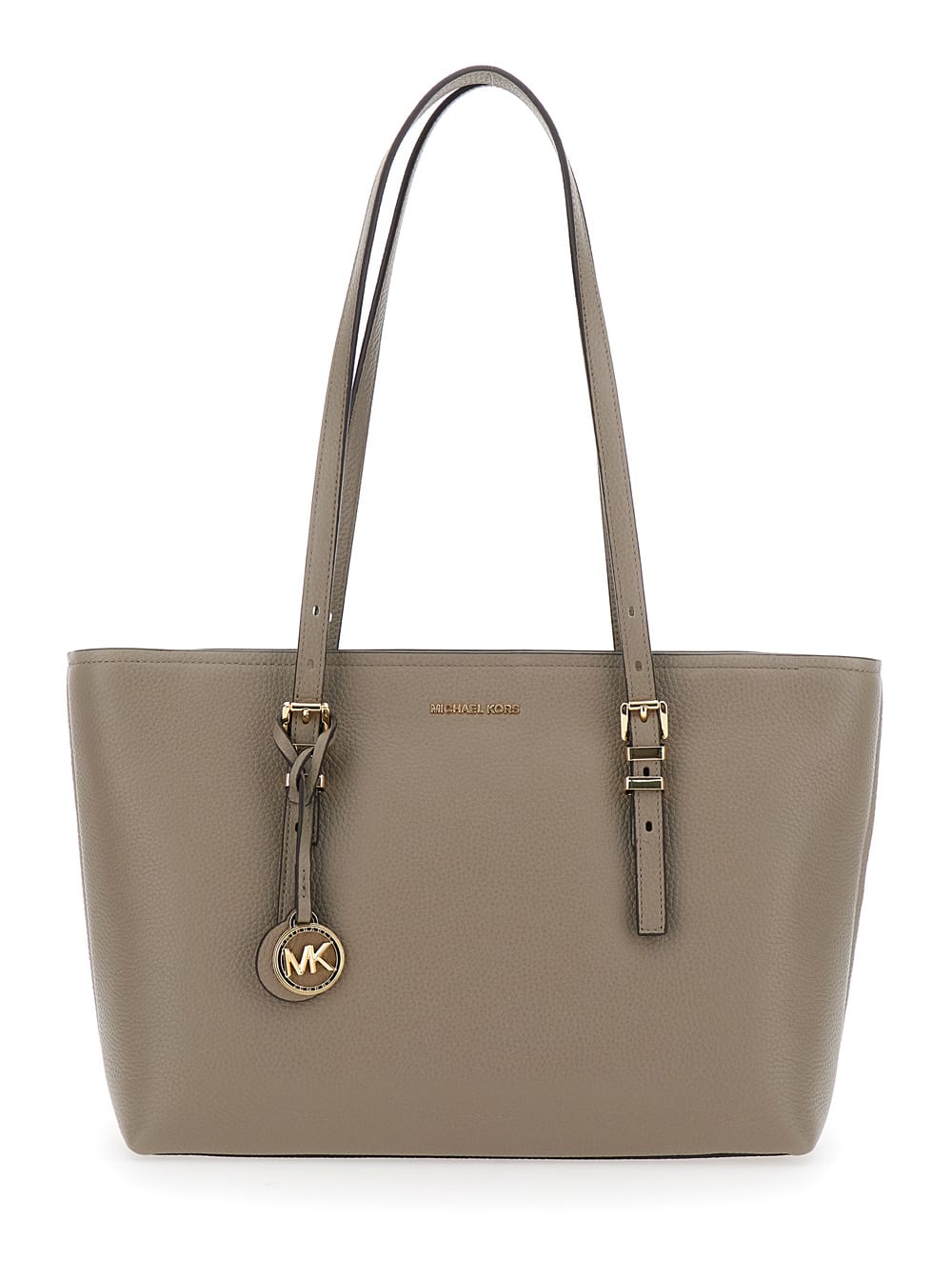 Michael Michael Kors Quinn Grey Medium Tote Bag With Removable Logo Charm And Embossed Logo Lettering On The Front In Gra