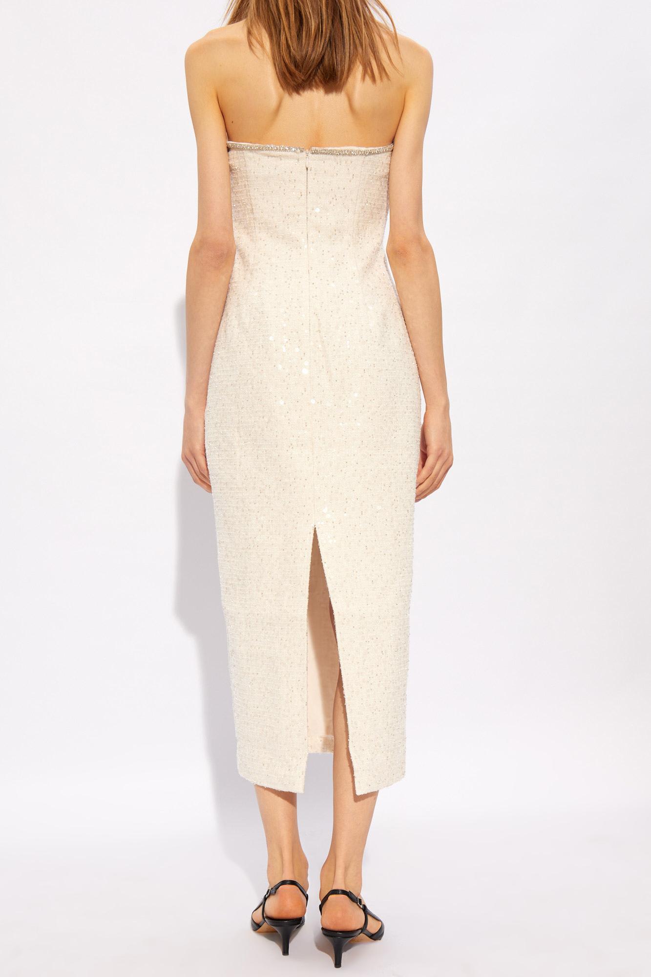 Shop Self-portrait Self Portrait Off-the-shoulder Tweed Dress In Cream