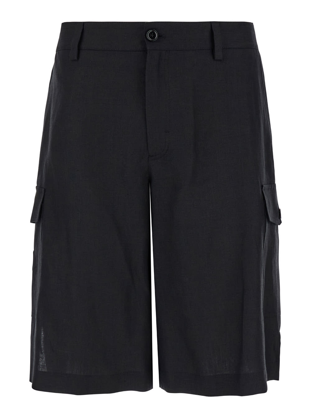 Shop Dolce & Gabbana Black Bermuda Shorts With Logo Patch In Linen Man