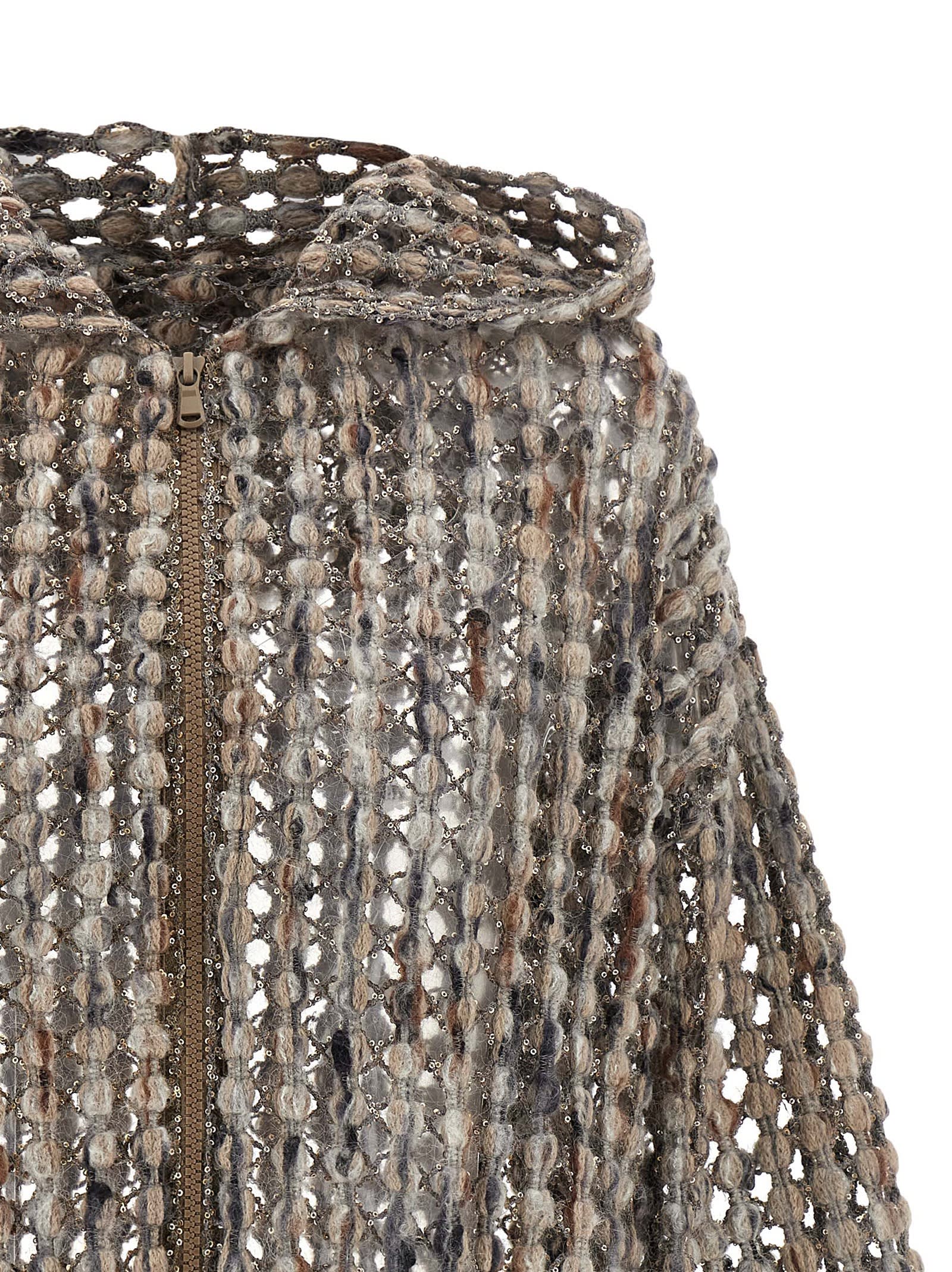 Brunello Cucinelli Pailette Wool-cashmere Net Balloon-sleeve Zip Hoodie In Multi