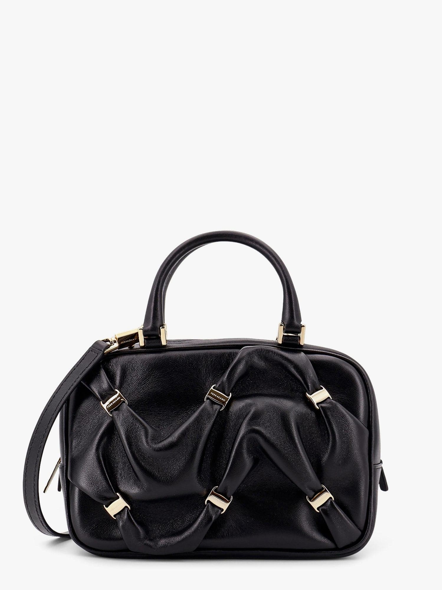 Ferragamo Leather Handbag With Draped Details Secured By Mini Vara Bows In Black