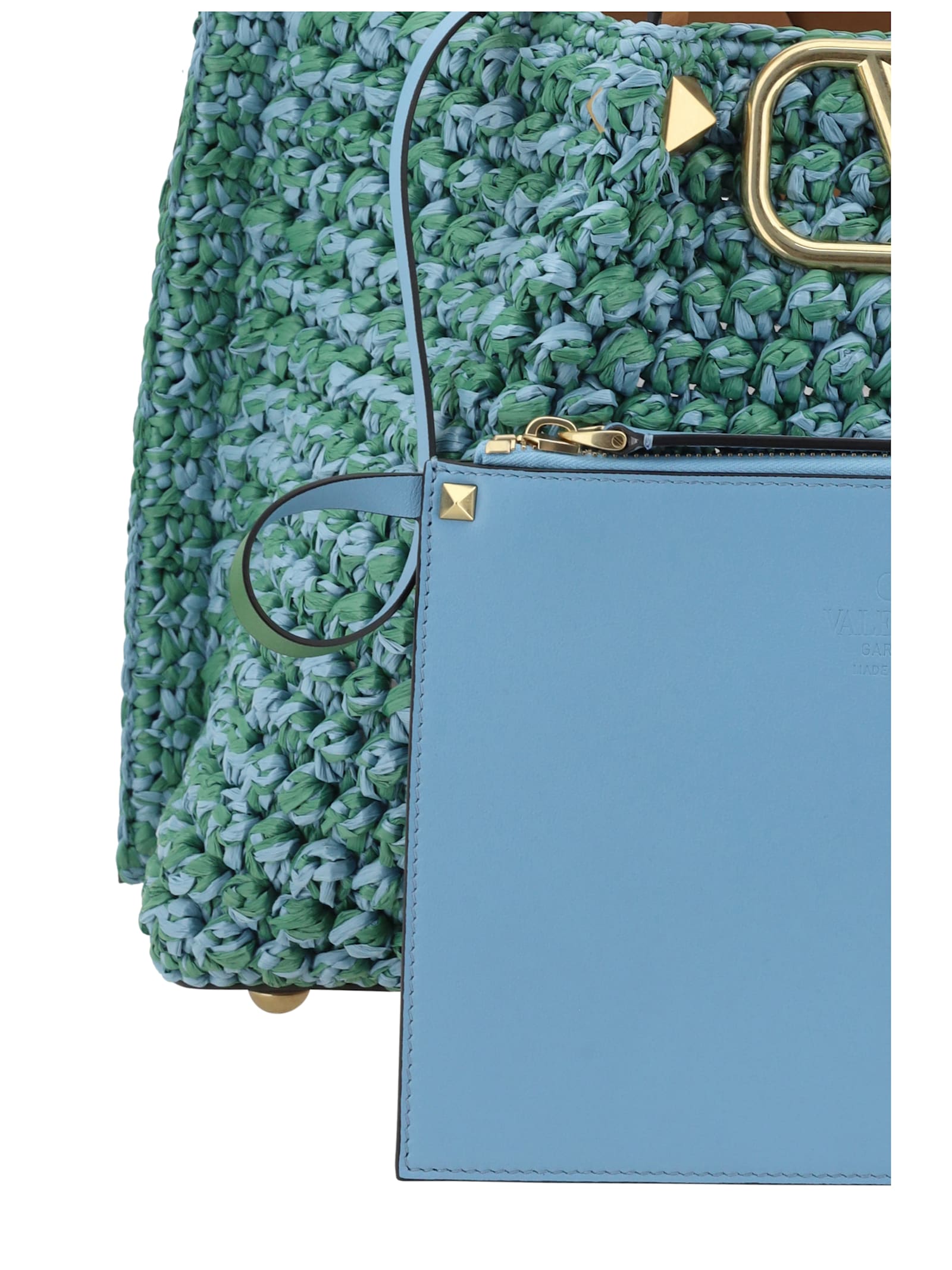 Shop Valentino Raffia Tote Bag In Verde-azzurro/natural Camel/h.blu-b.gras
