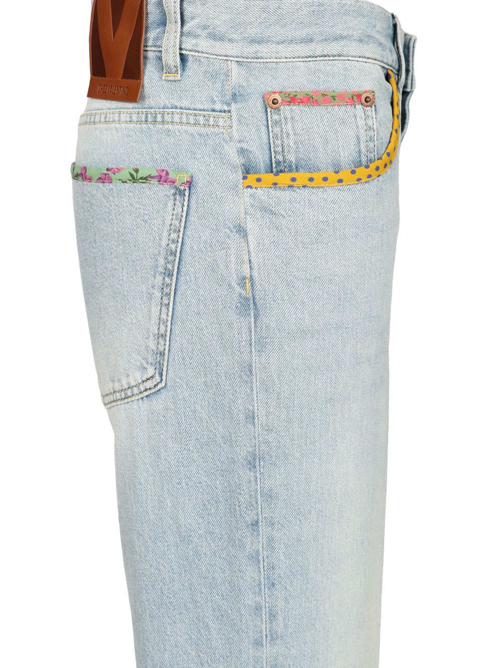 Valentino Denim Trousers With Embroidered Flower Trim In Blue