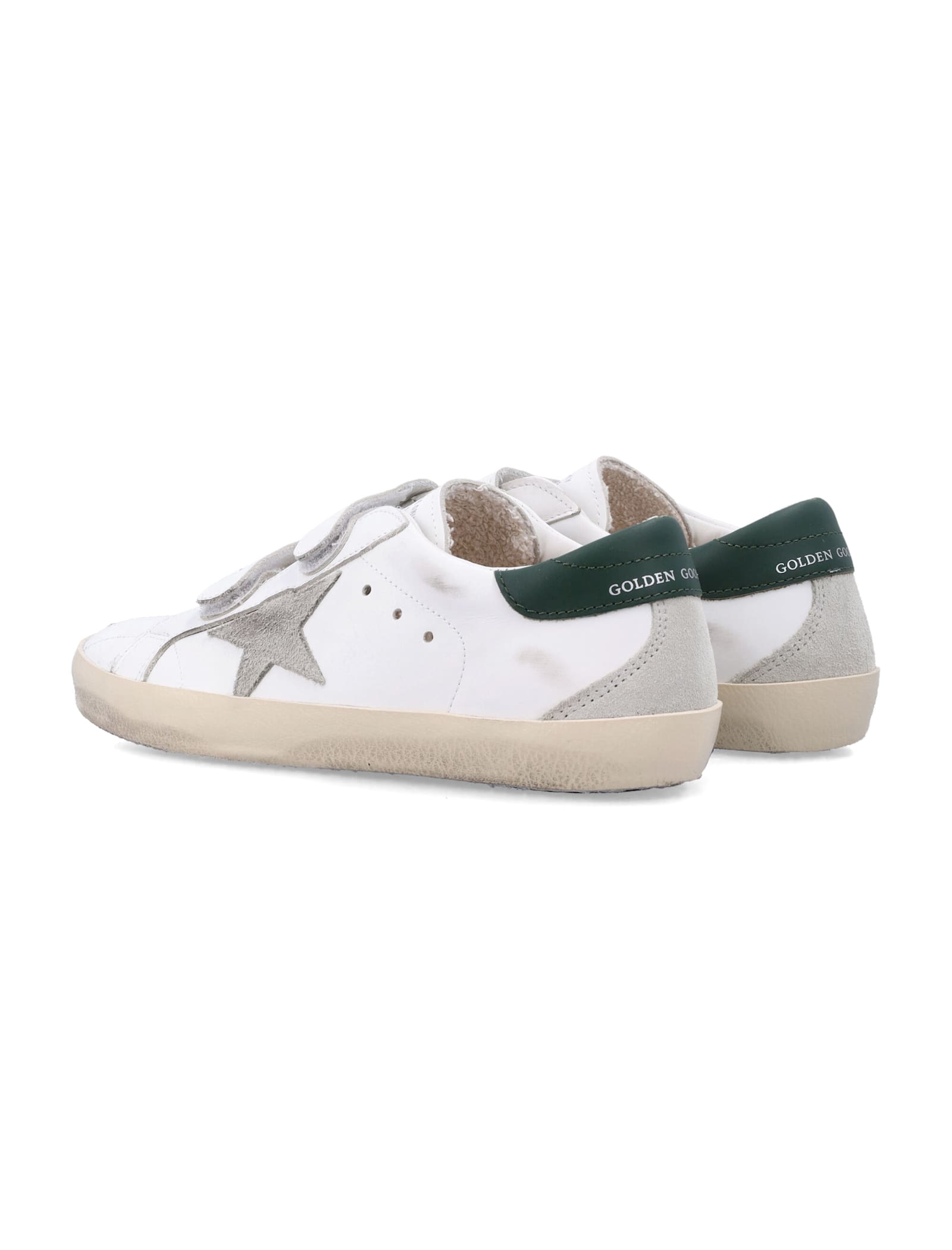 Golden Goose Kids Old School White Leather And Dark-green Sneakers In White