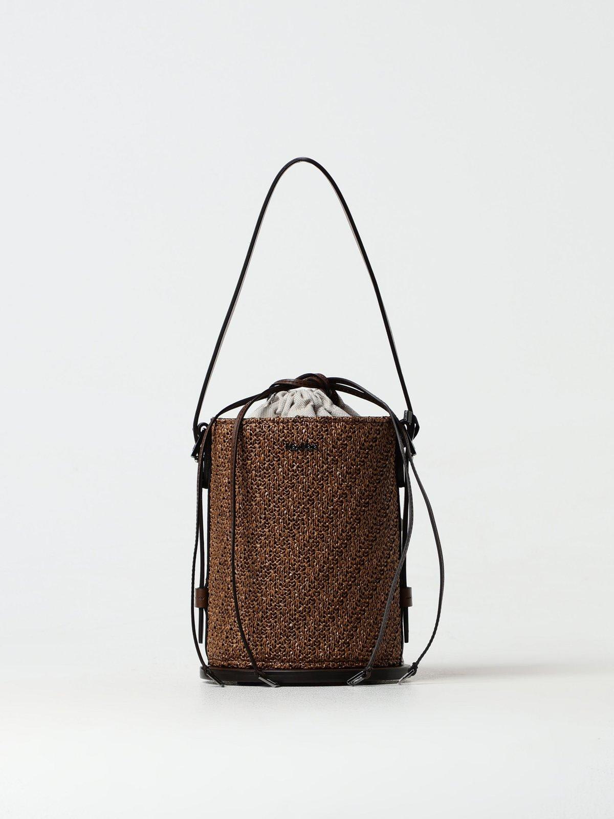 Shop Max Mara Logo Plaque Drawstring Shoulder Bag  In Brown