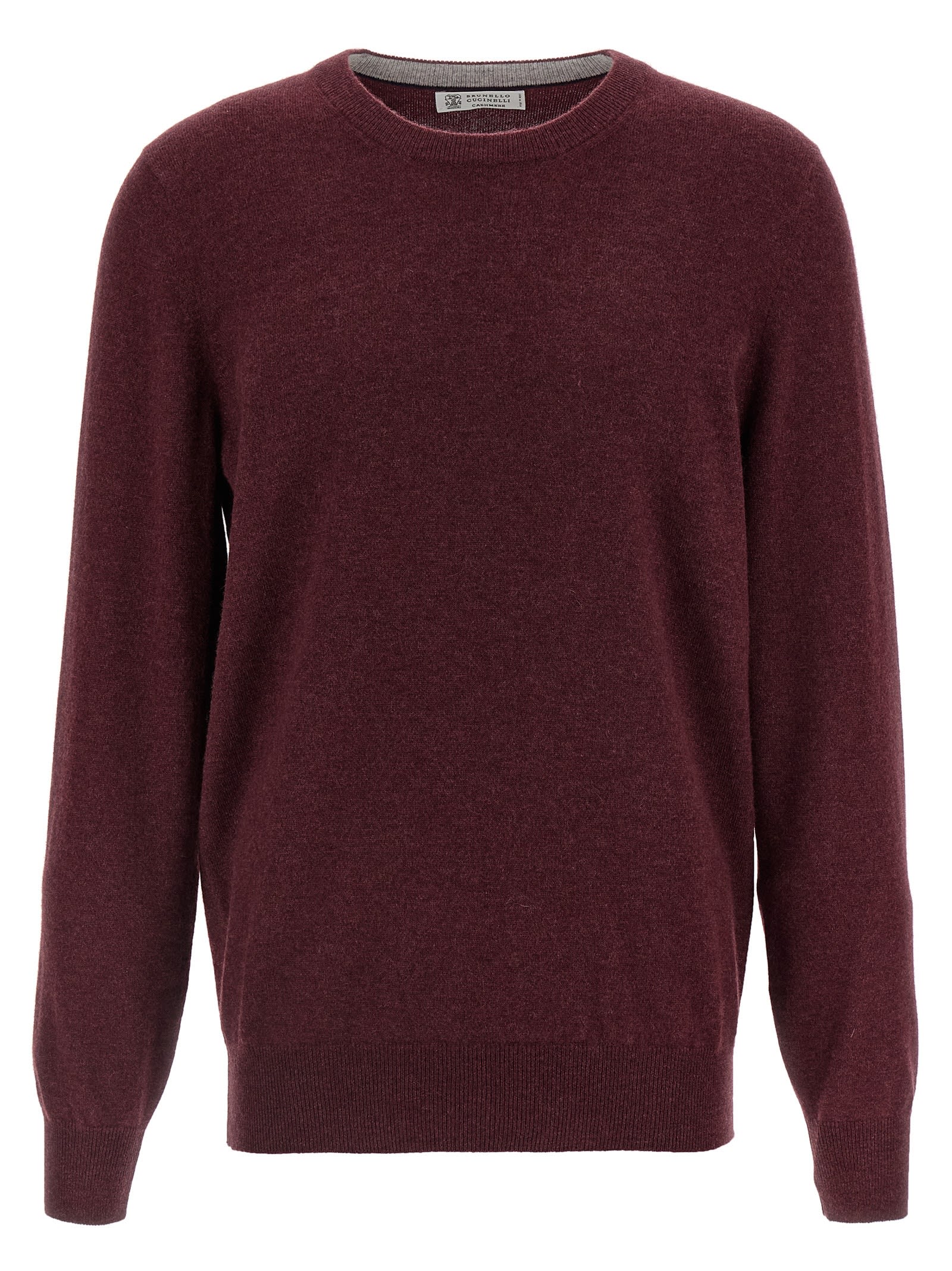Brunello Cucinelli Cashmere Crew-neck Sweater Ribbed Profiles In Burgundy