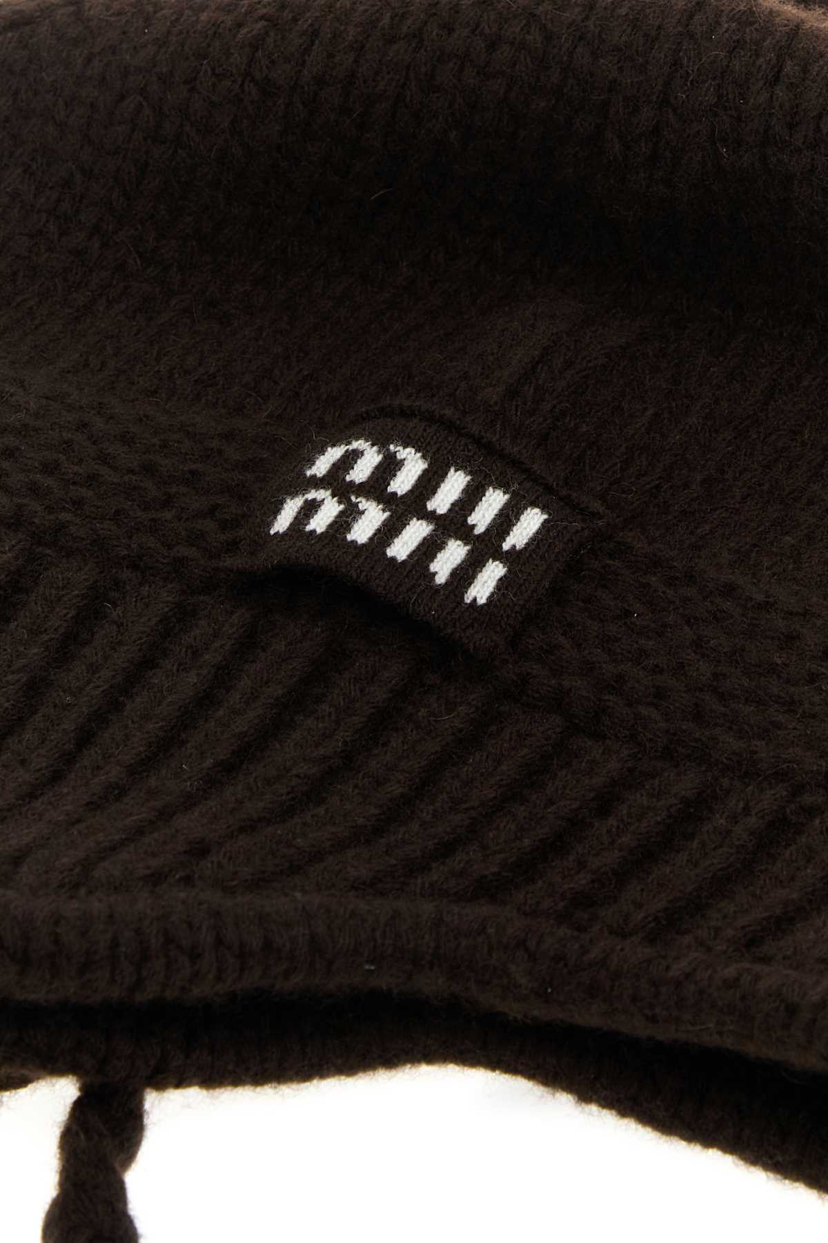 Miu Miu Dark Brown Wool Blend Beanie Hat In Brown