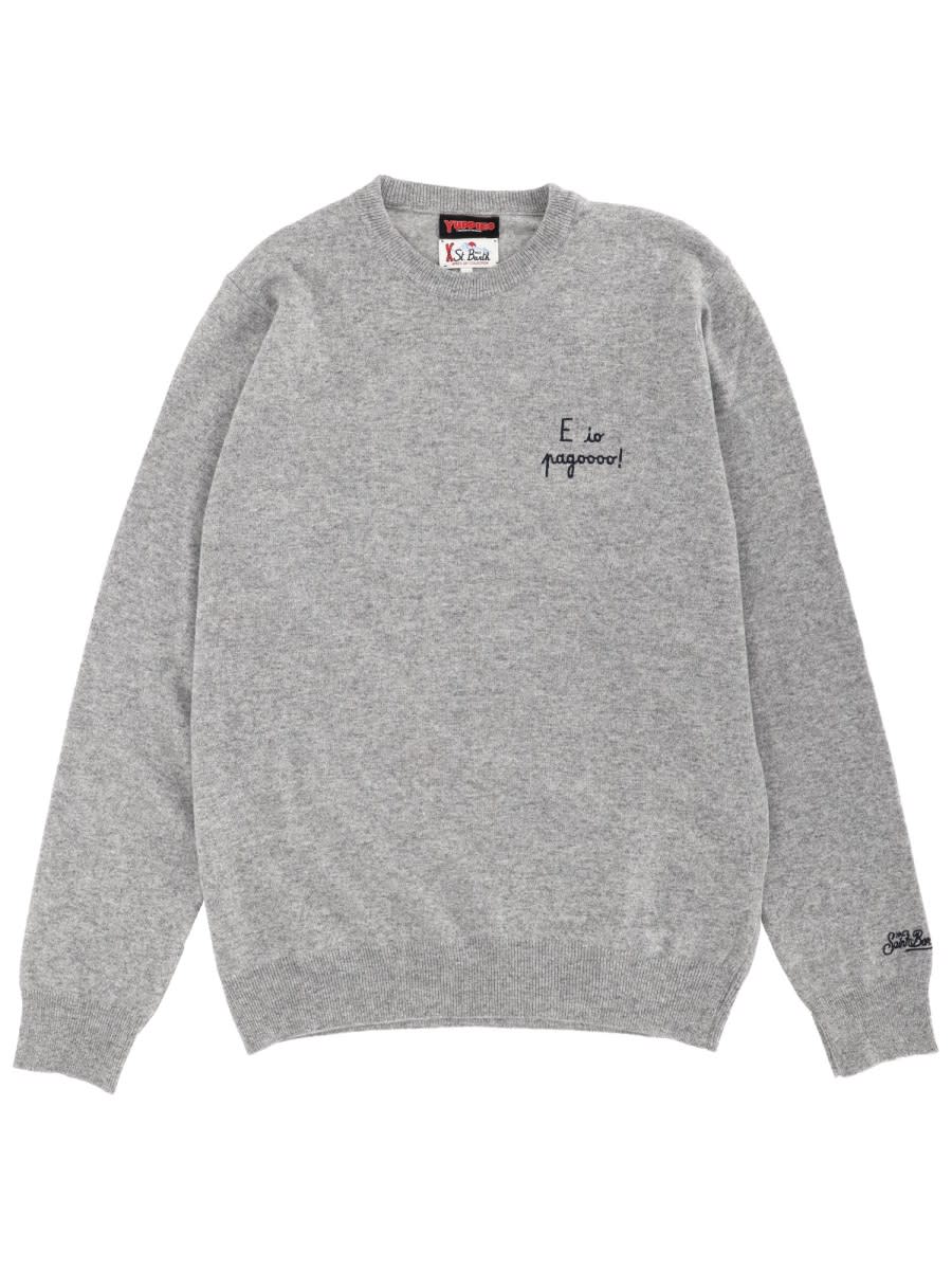 Mc2 Saint Barth Ribbed Cuff Crew Neck Sweater With Embroidery In Gray
