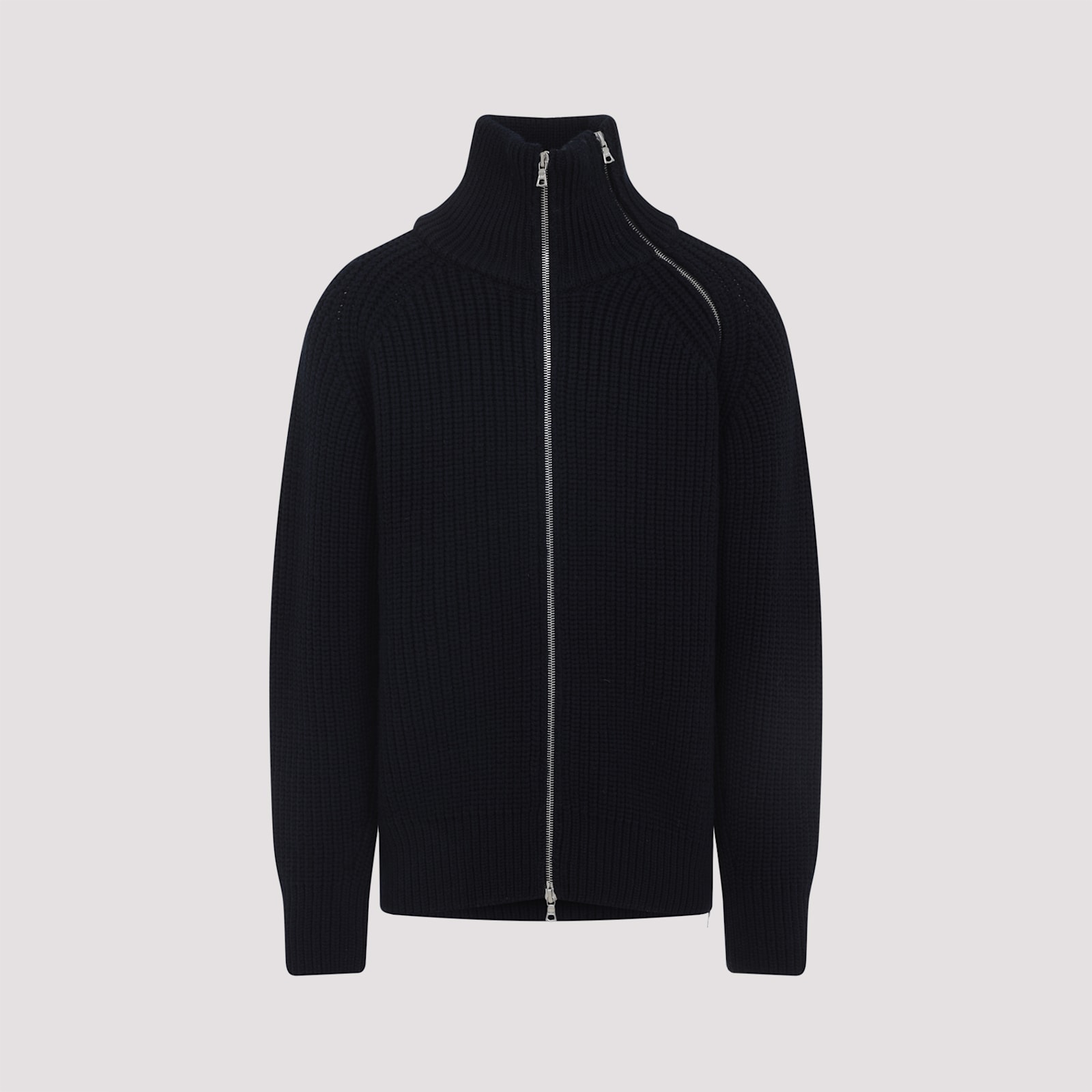 Dries Van Noten Full Zip Turtleneck Sweater With Shoulder Detail In Black