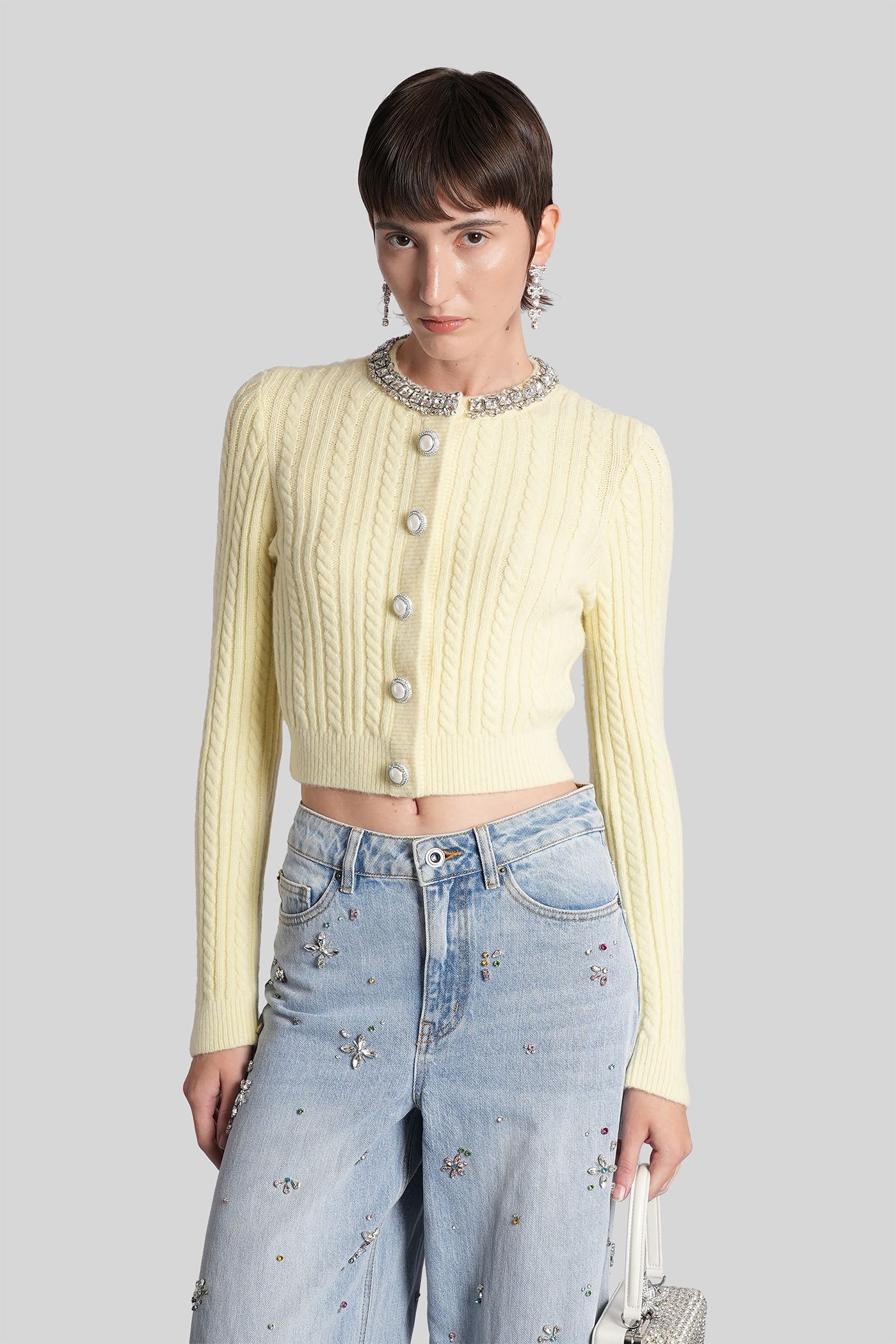 Self-portrait Cardigan In Yellow Polyamide