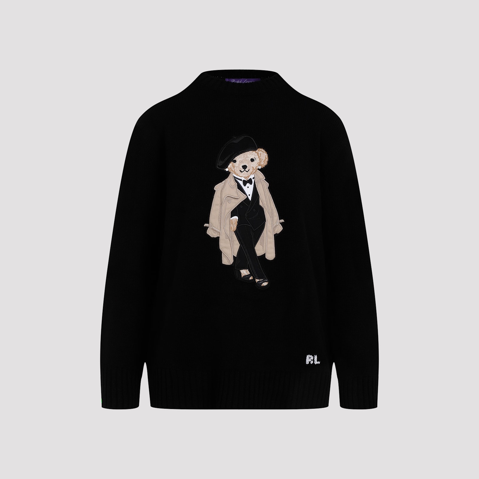 Ralph Lauren Bear Motif Cashmere Pullover With Front Design In Black
