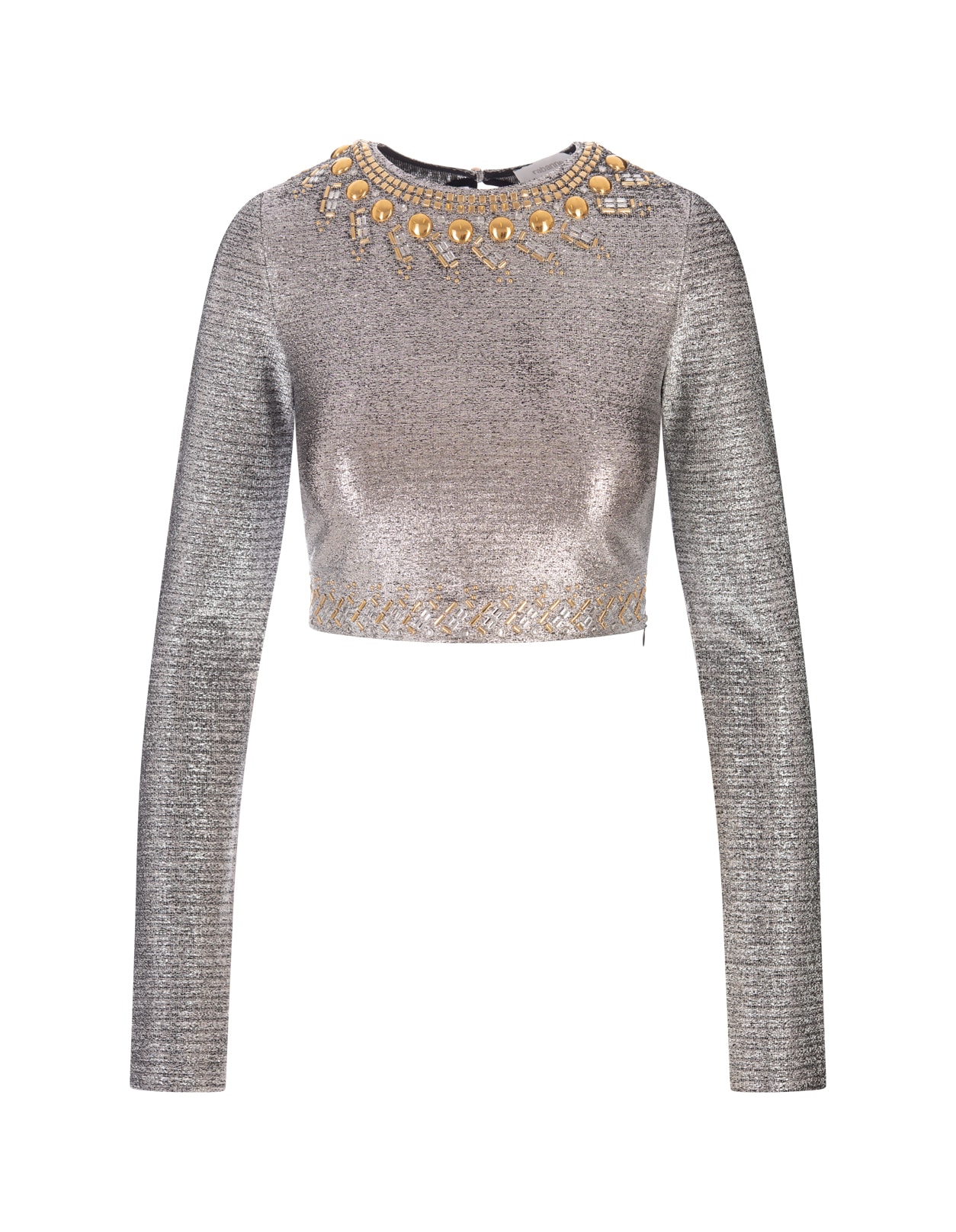 RABANNE SILVER LAME CROP TOP WITH STUDS 