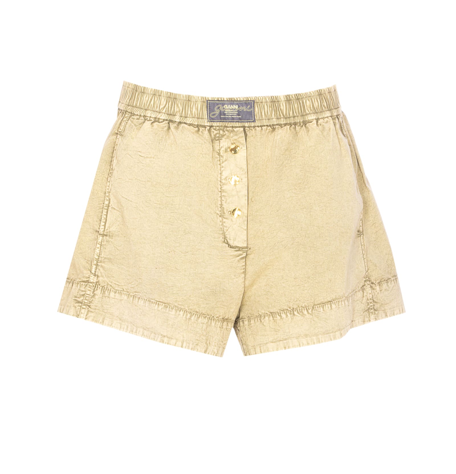 Ganni Elastic Waistband Textured Fabric Shorts In Green