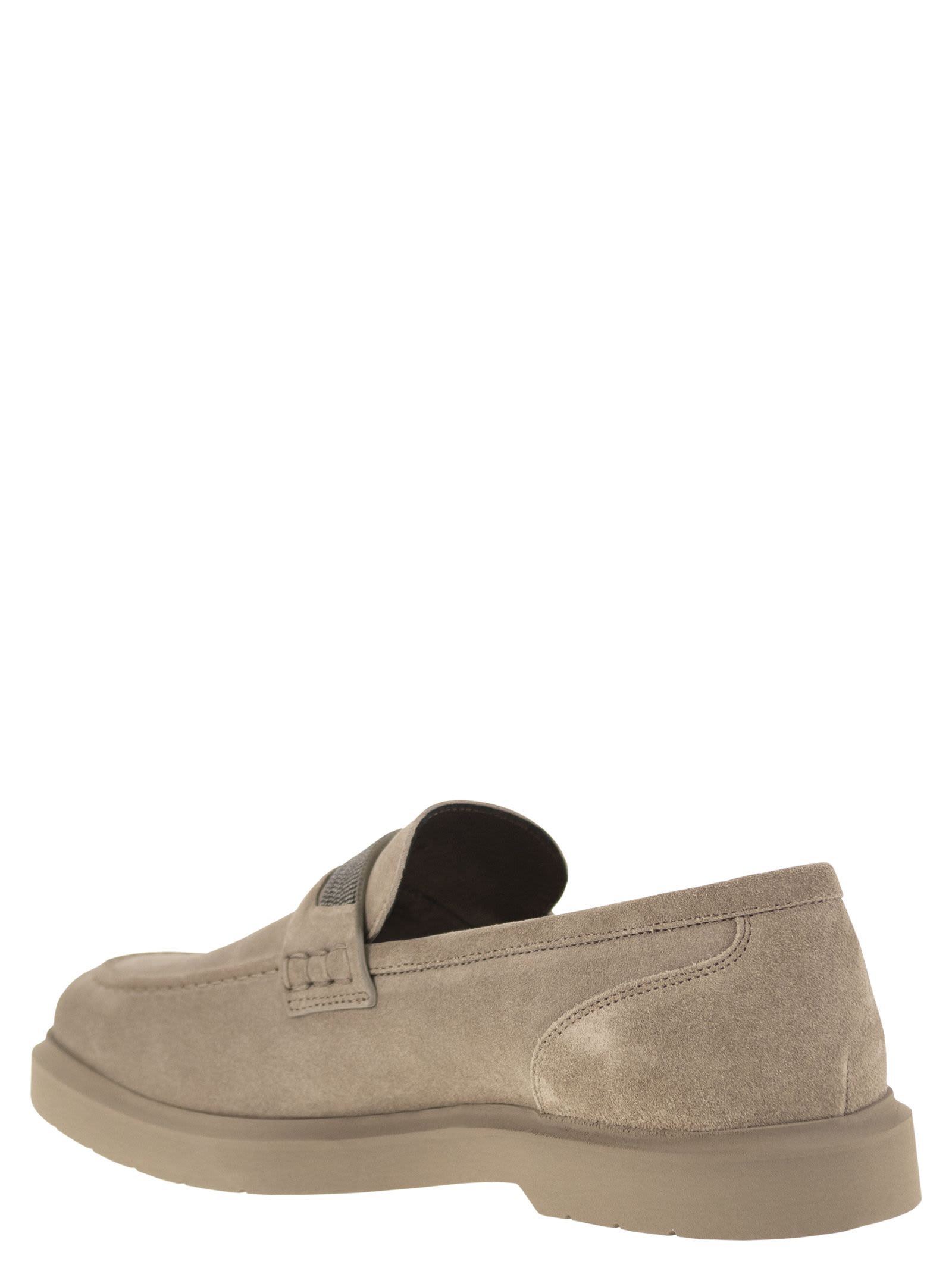 Shop Brunello Cucinelli Suede Penny Loafer With Jewellery In Neutrals