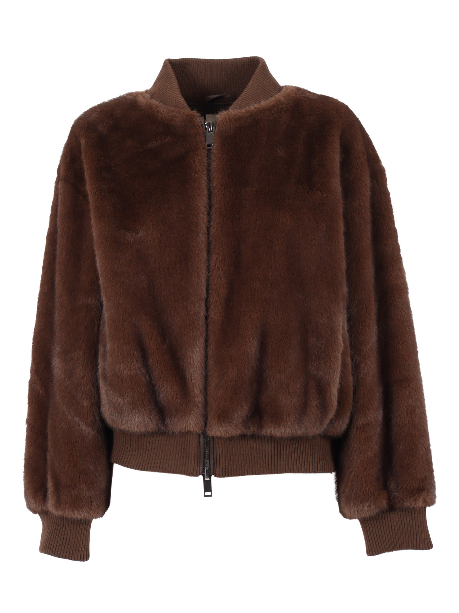 P.a.r.o.s.h . Faux Fur Bomber Jacket With Textured Appearance And Ribbed Details In Brown