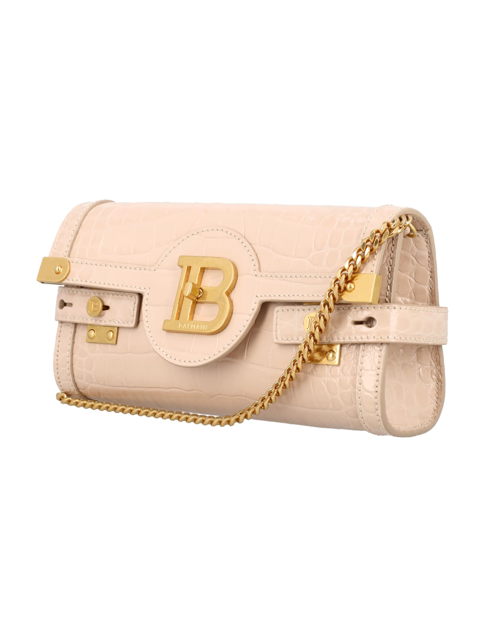 Shop Balmain B-buzz 23 Croc-embossed Leather Clutch In Nude