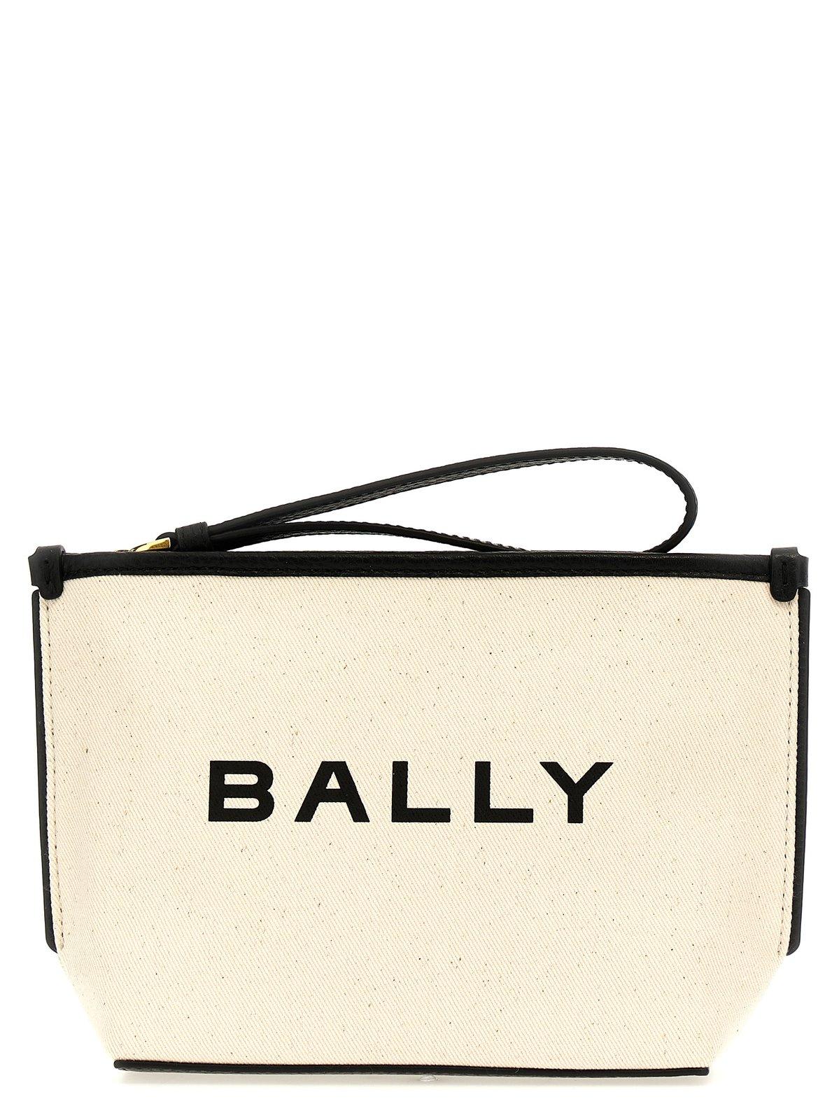 Shop Bally Logo Printed Zipped Clutch Bag In Natural