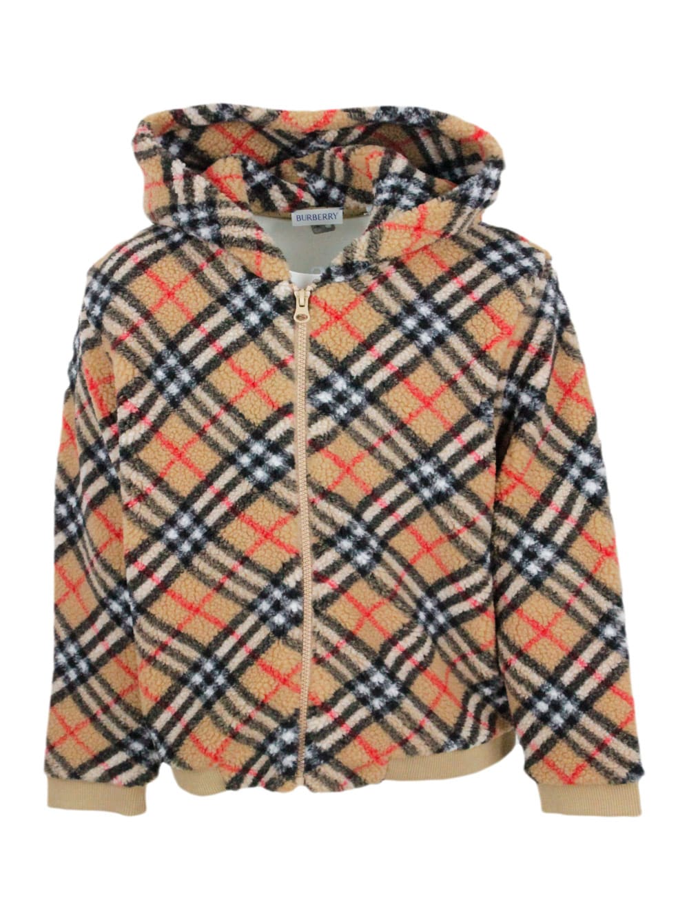 Burberry Long-sleeved Fleece Zip-up Hoodie With Check Pattern And Ribbed Fabric Cuffs