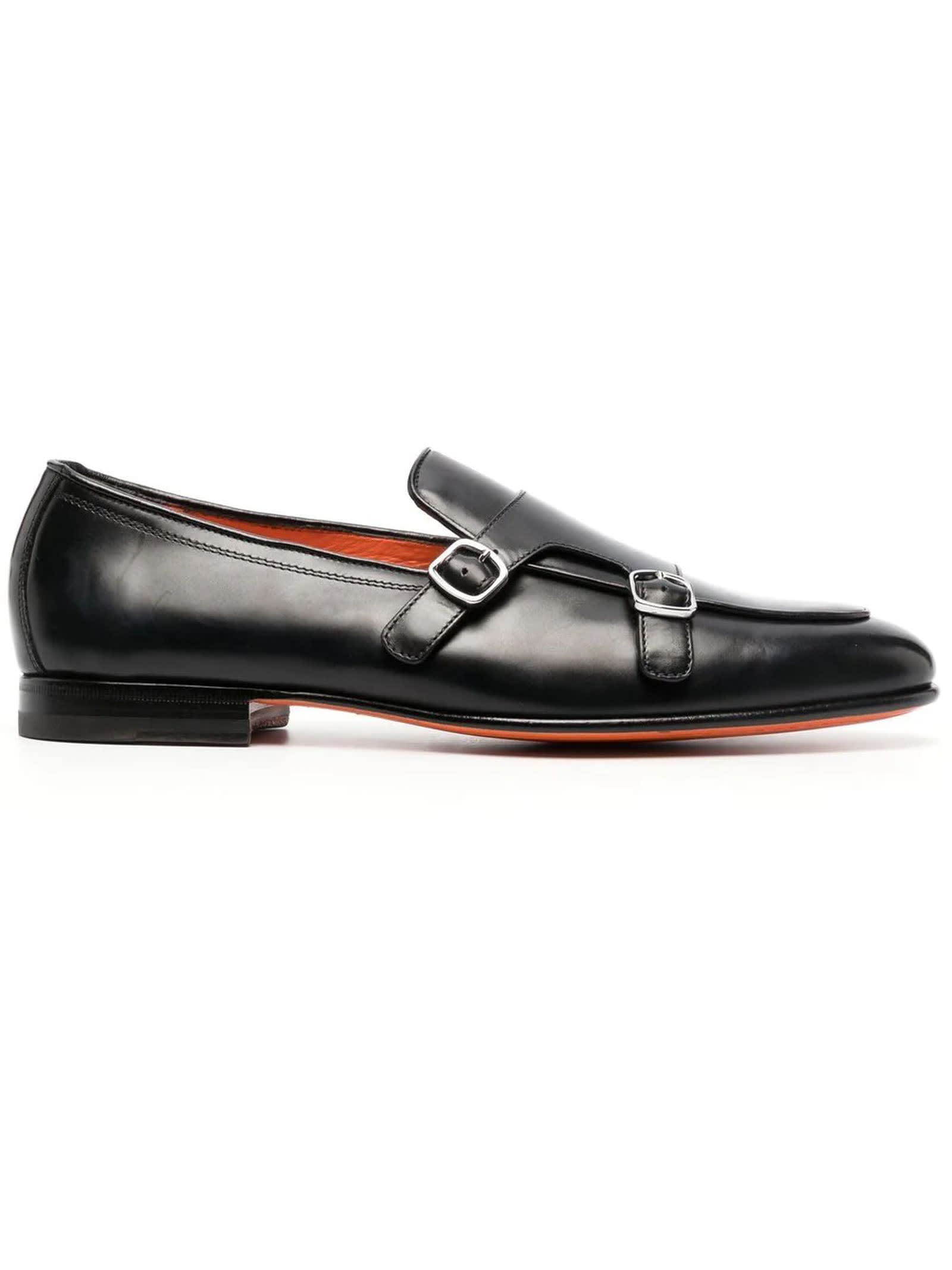 Shop Santoni Black Leather Monk Loafers