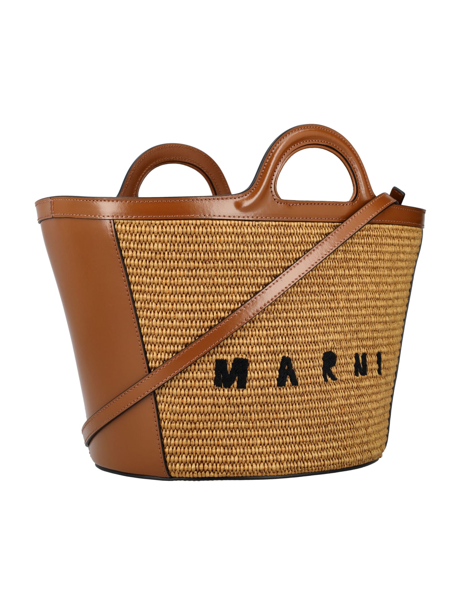 Shop Marni Tropicalia Micro Bag In Leather And Raffia In Raw Sienna