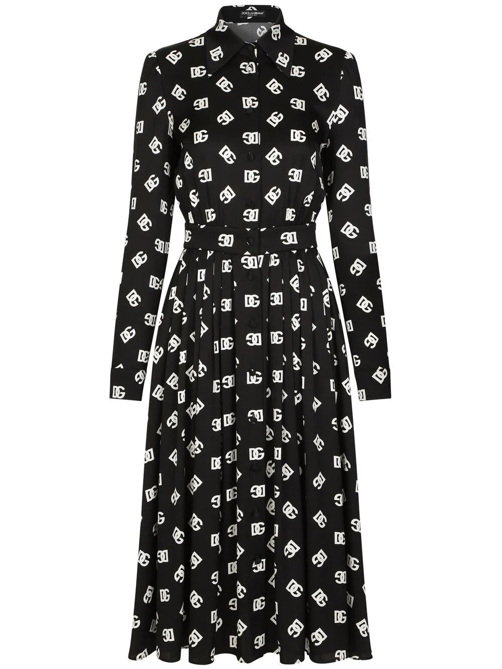 Dolce & Gabbana Abito Longuette In Charmeuse Stampa Dg Allover In Hnvaa Nero Bco