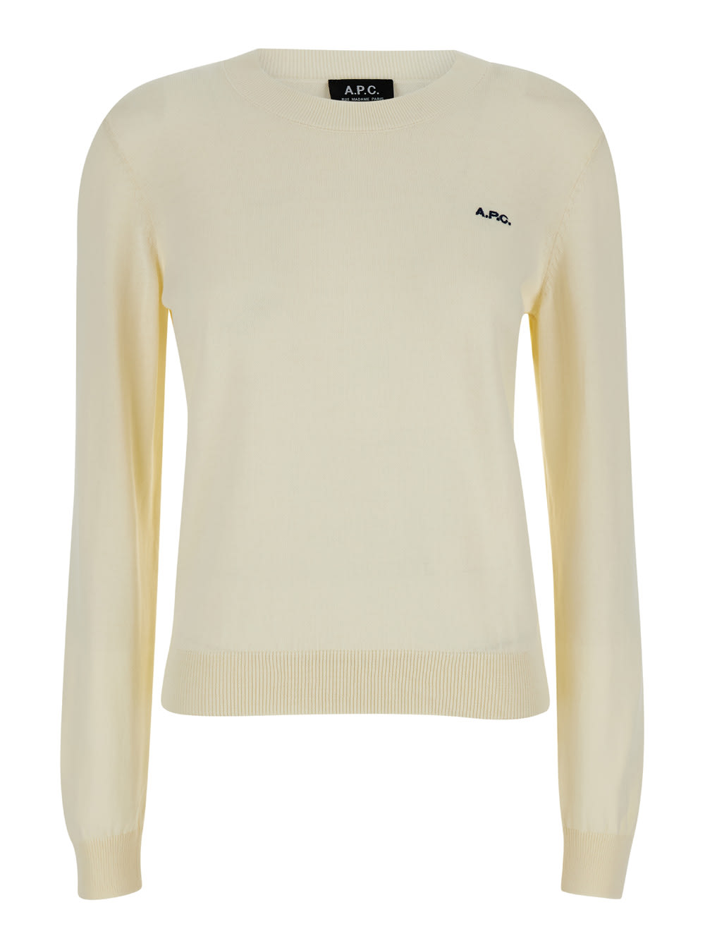 Shop Apc Cream White Crewneck Sweater With Embroidered Logo In Cotton Woman In Aad Ecru