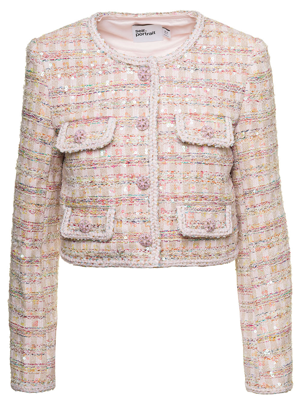 Pink Short Jacket With Paillettes And Jewel Buttons In Tweed Woman