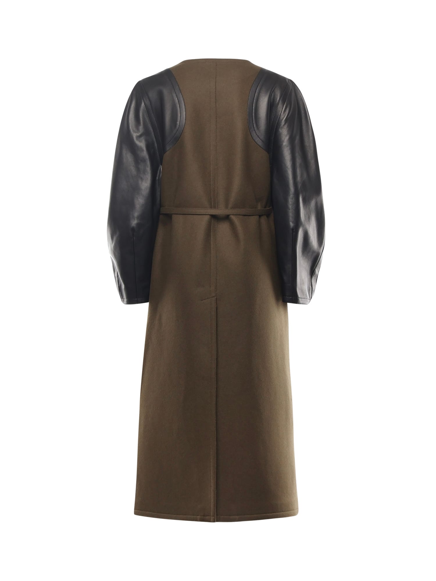 Fendi Women Green Crewneck Coat With Puffed Leather Sleeves And Belt With Ff Plaque In Wool And Visc In Brown