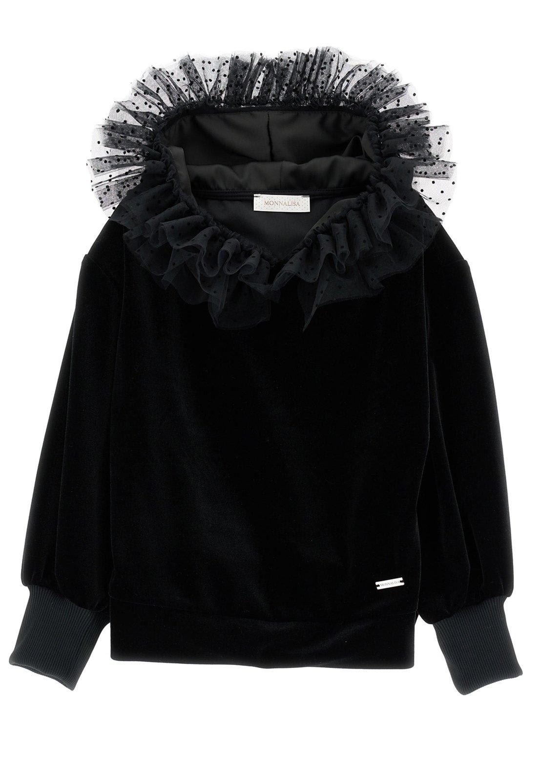 Shop Monnalisa Tulle Hood Ruffled Velvet Sweatshirt In C