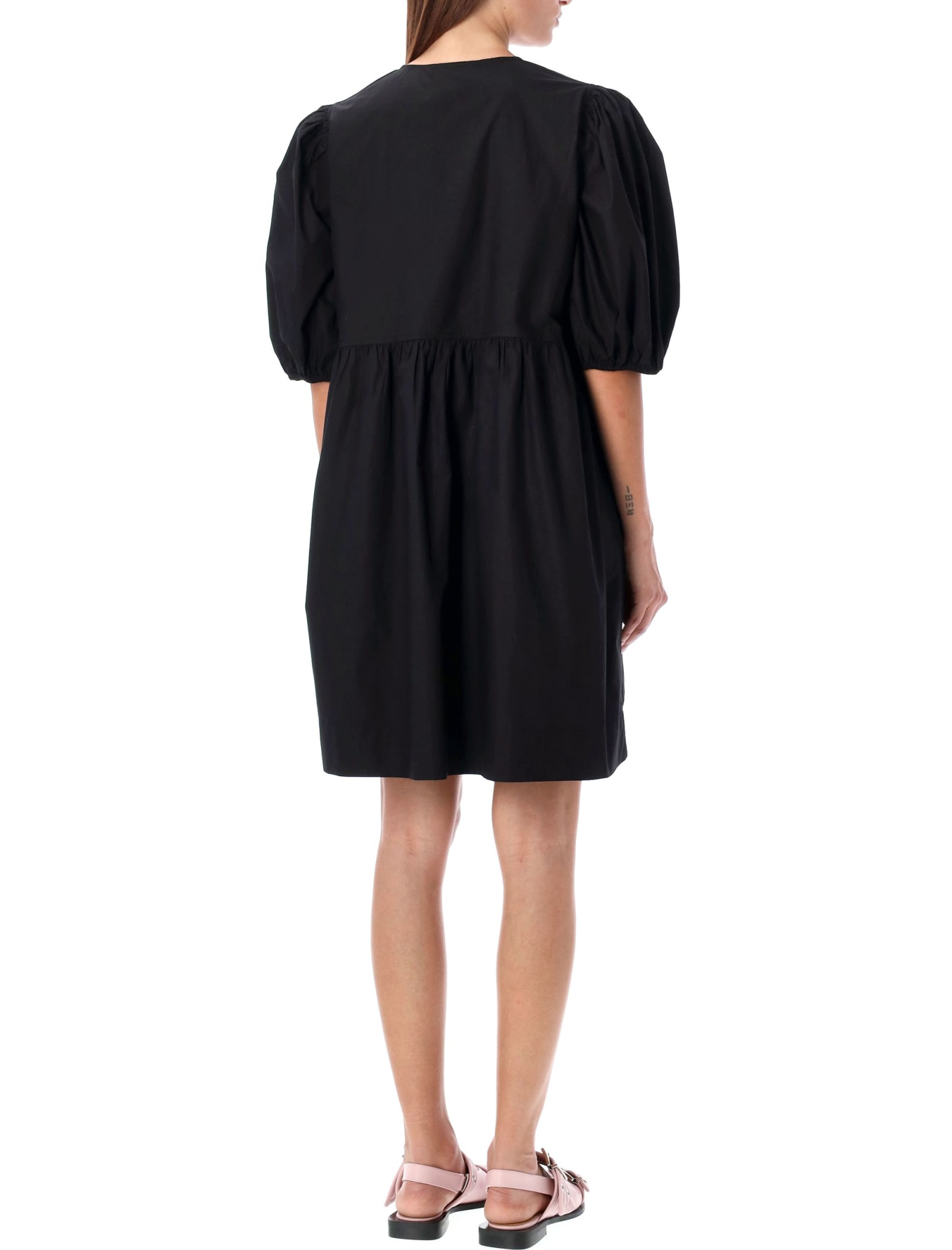 Ganni Cotton Poplin Tie String Mini Dress In Black
