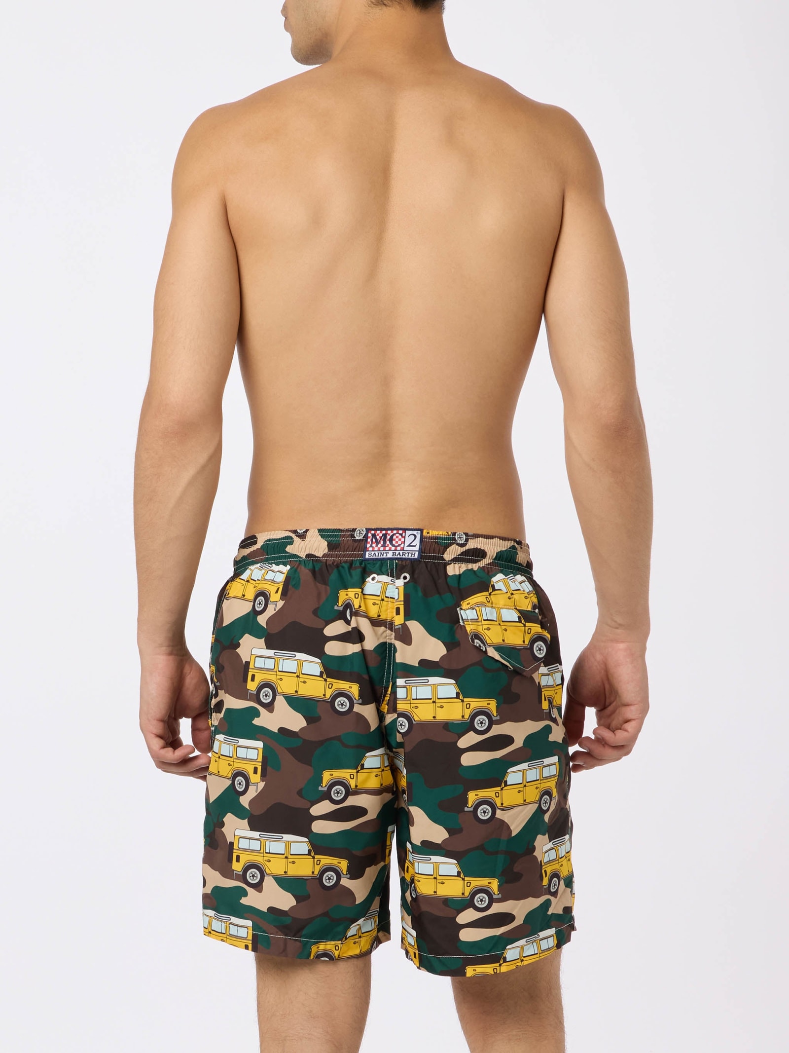 Mc2 Saint Barth Man Lightweight Fabric Swim-shorts Lighting With Off-road Car Print In Green