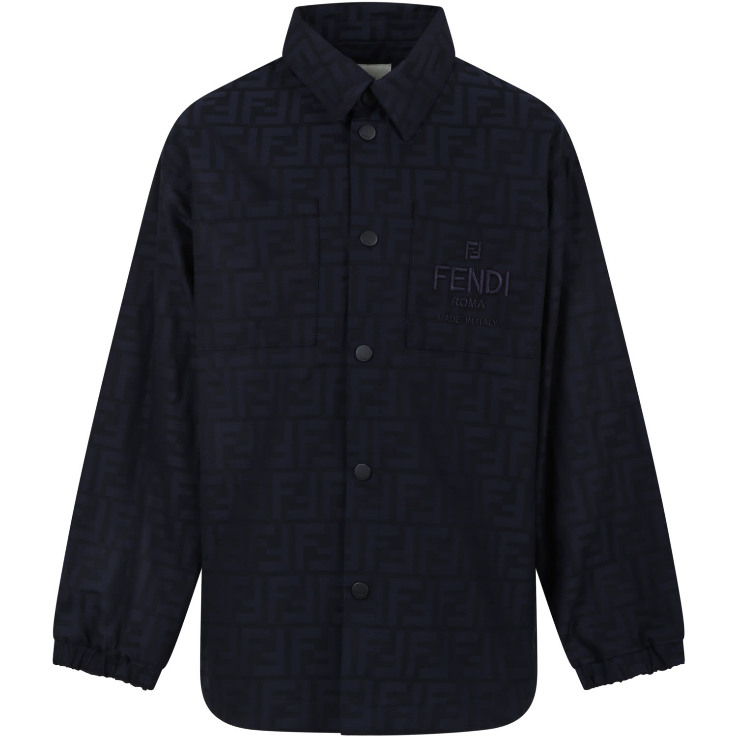 Fendi Kids' Blue Jacket For Boy With All-over Ff Logo In Navy