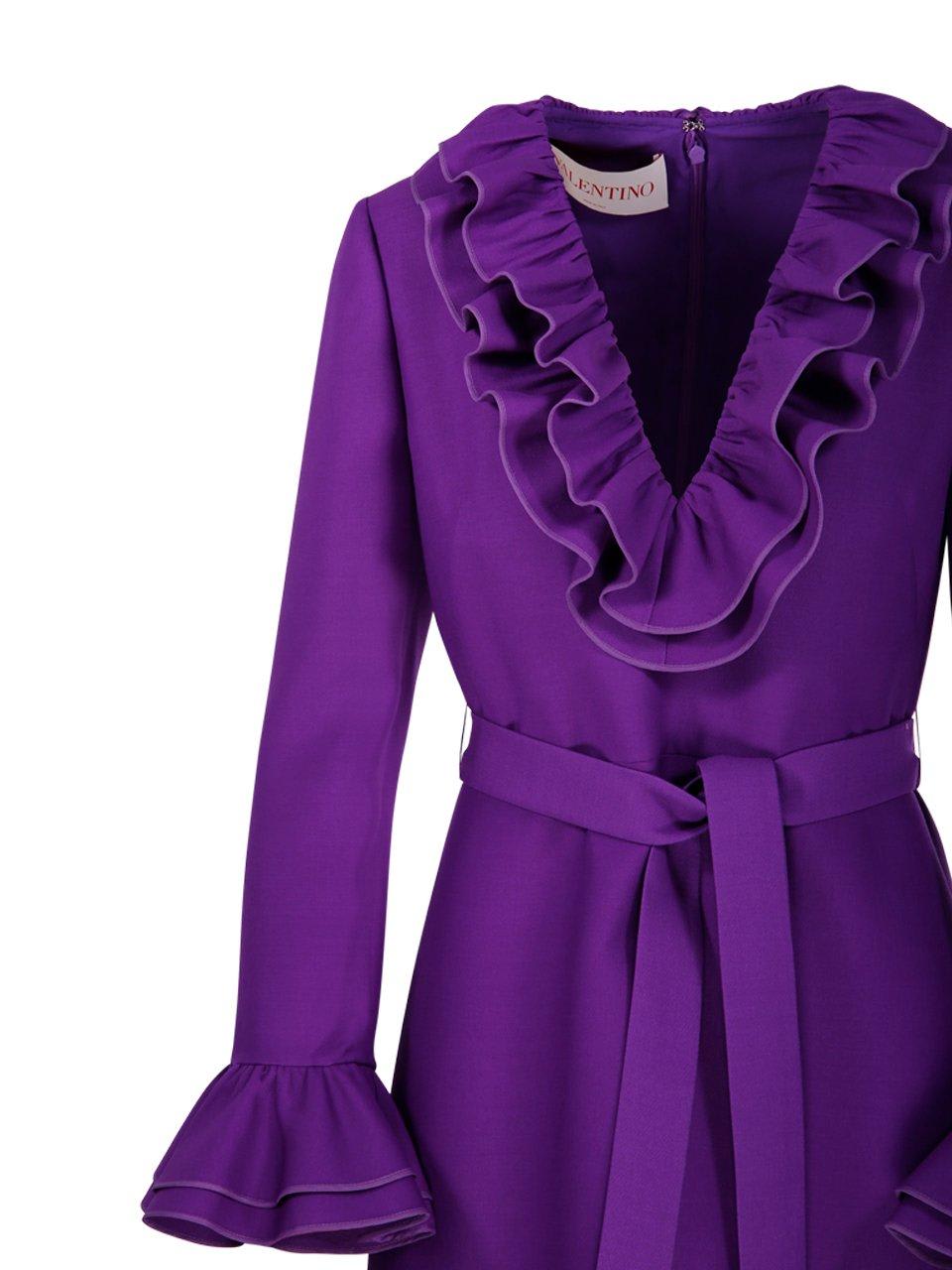 Valentino Garavani Purple Short Dress With V-neck And Ruffles In Virgin Wool And Silk Blend Woman In Purple