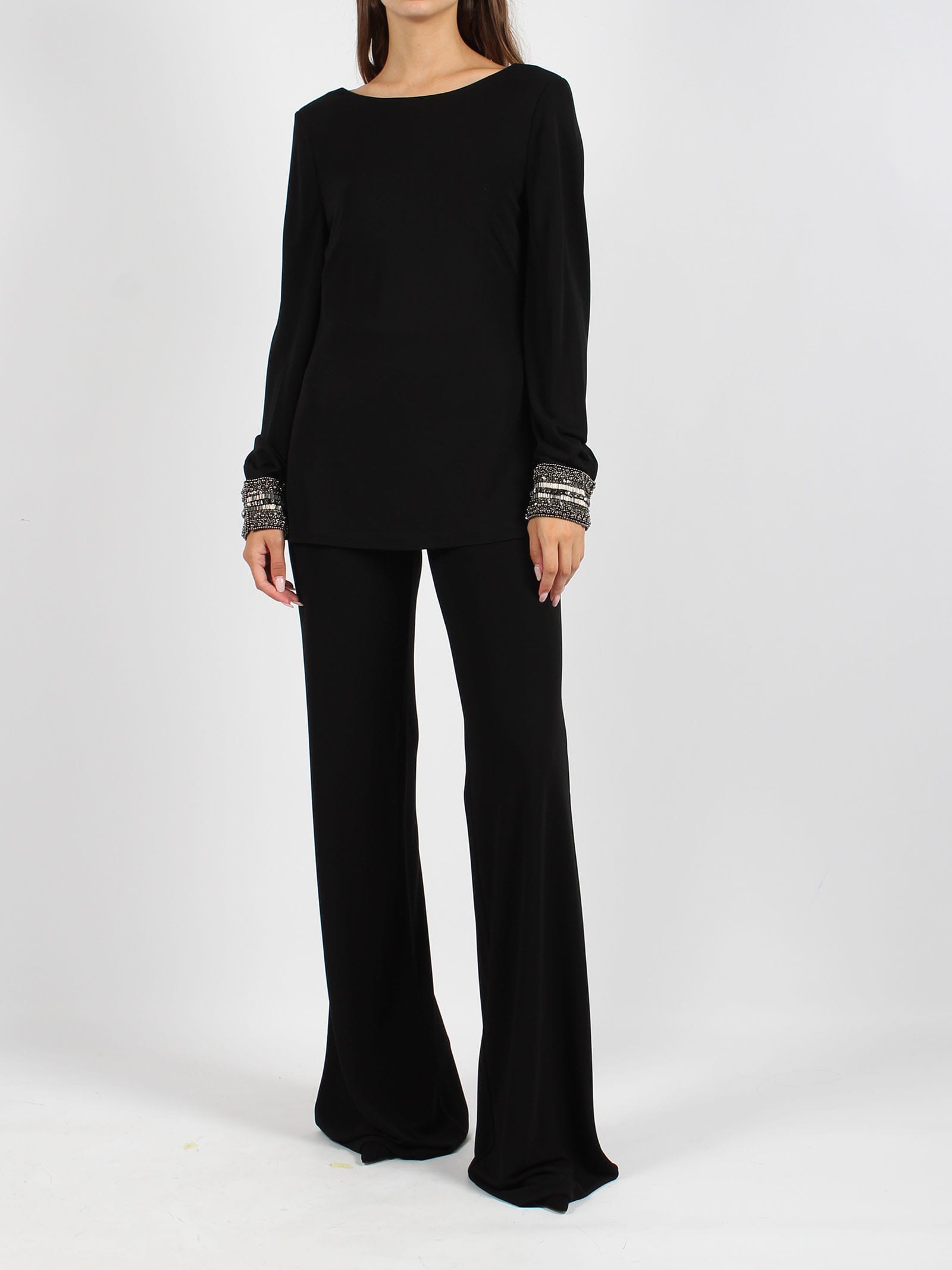 Shop Alberta Ferretti Embroidered Cuffs Jersey Top In Black