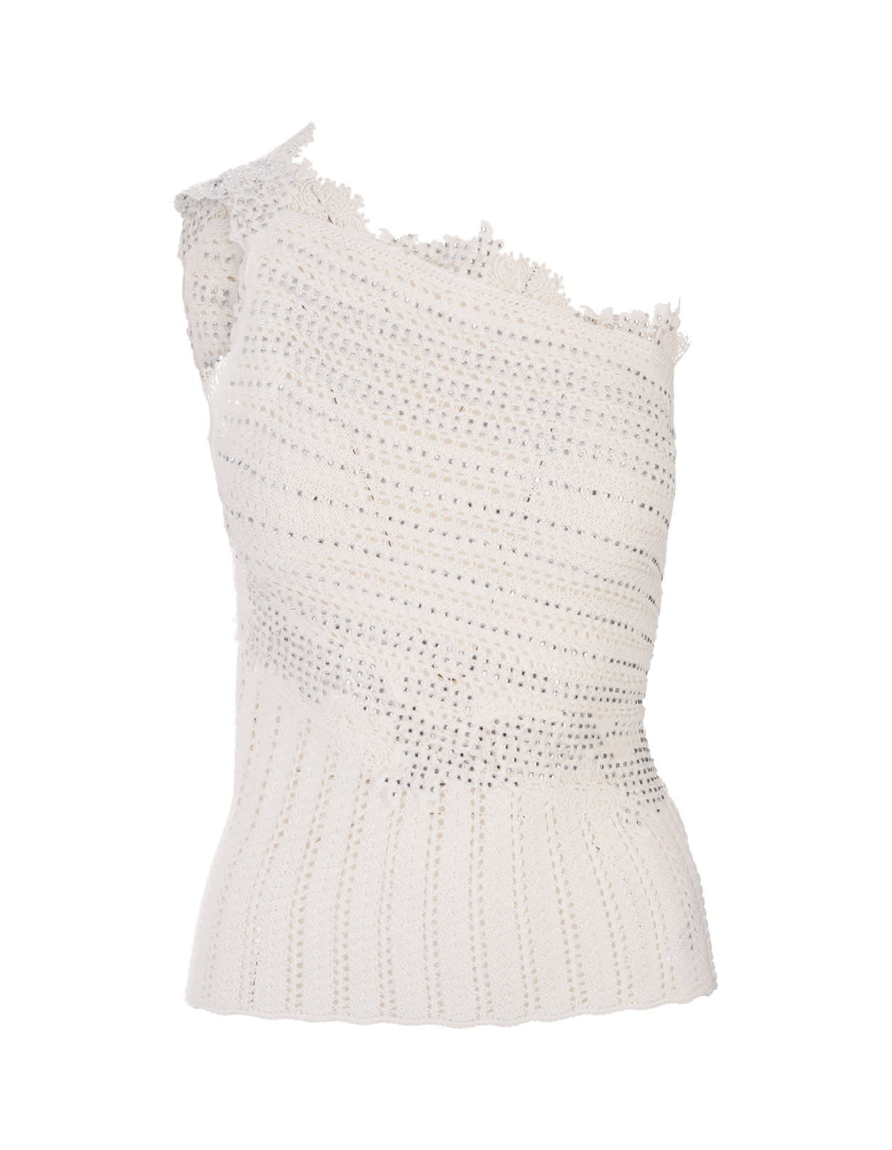 Shop Ermanno Scervino White Cotton Top With Lace And Crystals