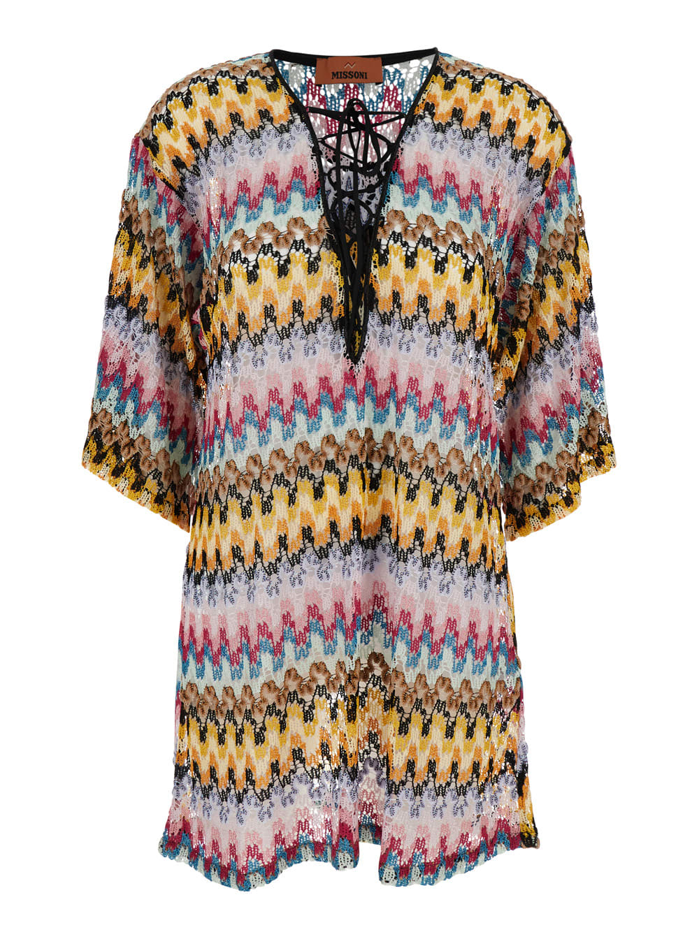 Multicolor Dress With Zig Zag Motif And Laces On The Front In Cotton Woman