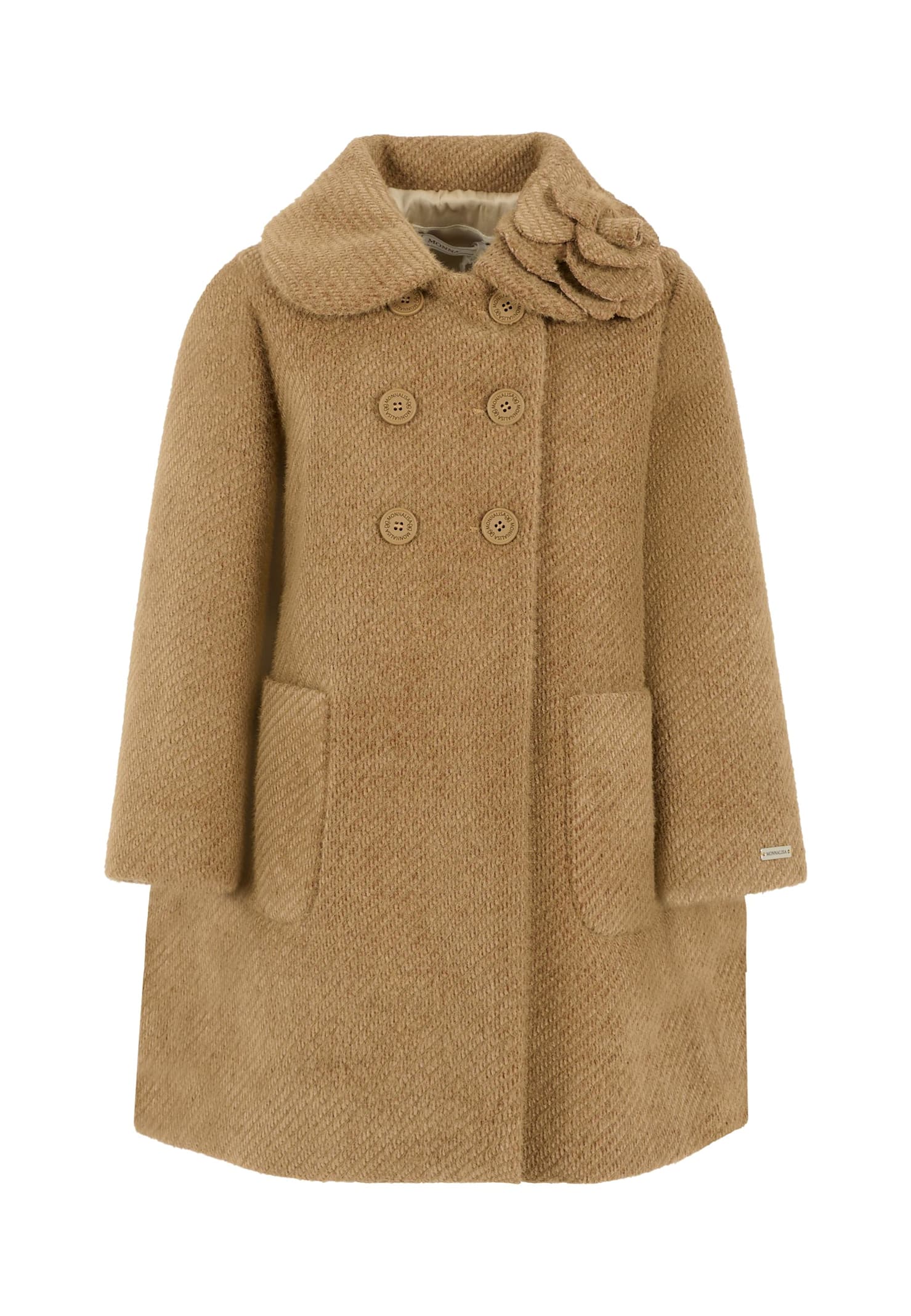 Monnalisa Brown Coat For Girl With Flower In Brown