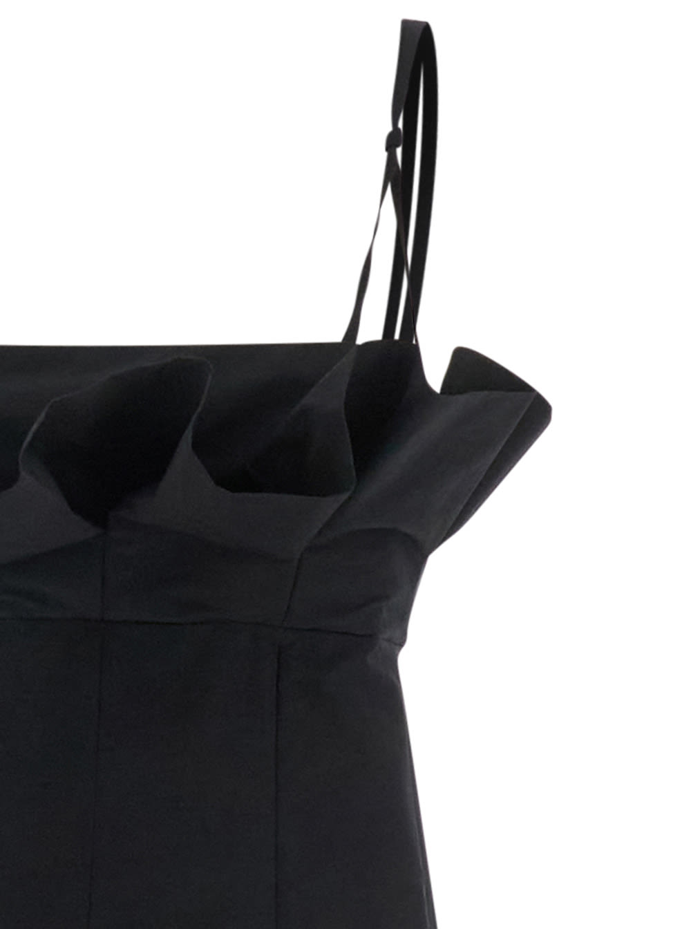 Shop Philosophy Di Lorenzo Serafini Black Dress With Ruffles And Thin Shoulder Straps In Cotton Blend And Tech Fabric Woman