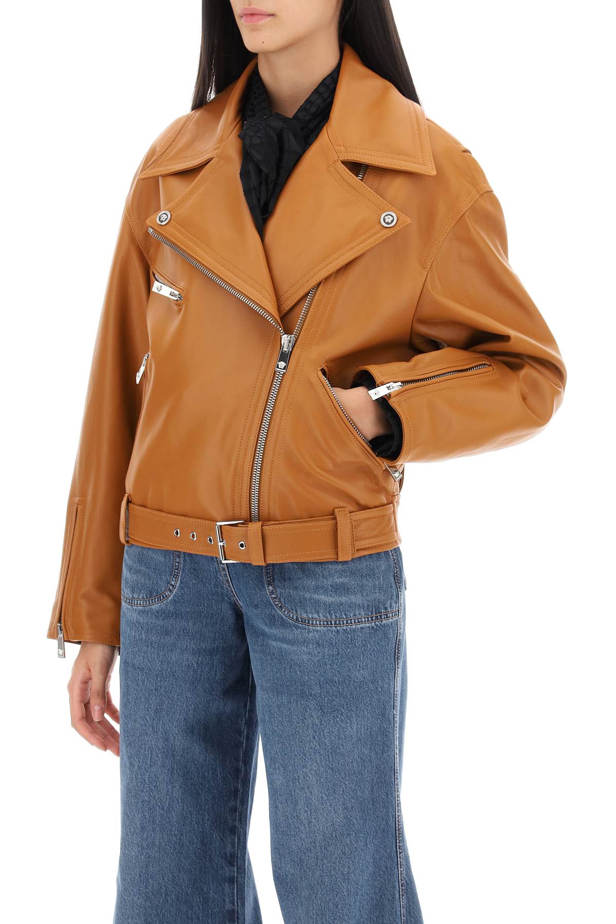 Shop Versace Biker Jacket In Leather In Caramel (brown)