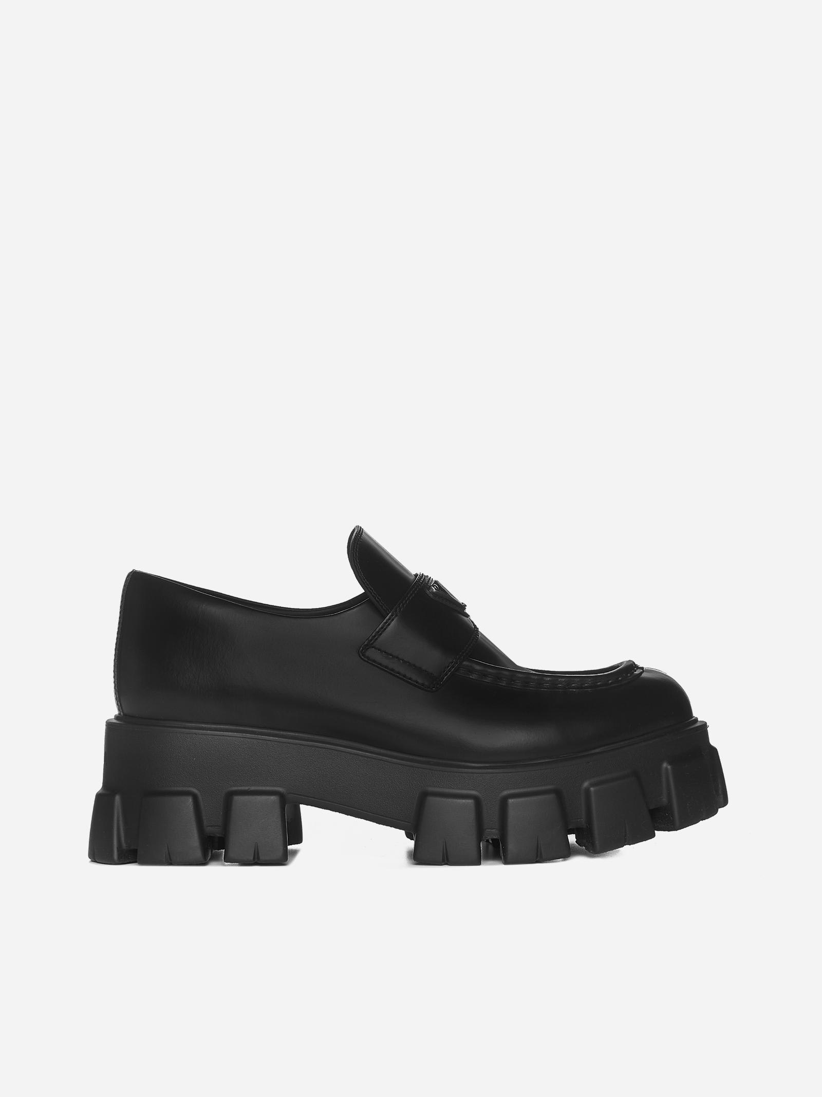 Shop Prada Leather Loafers In Nero