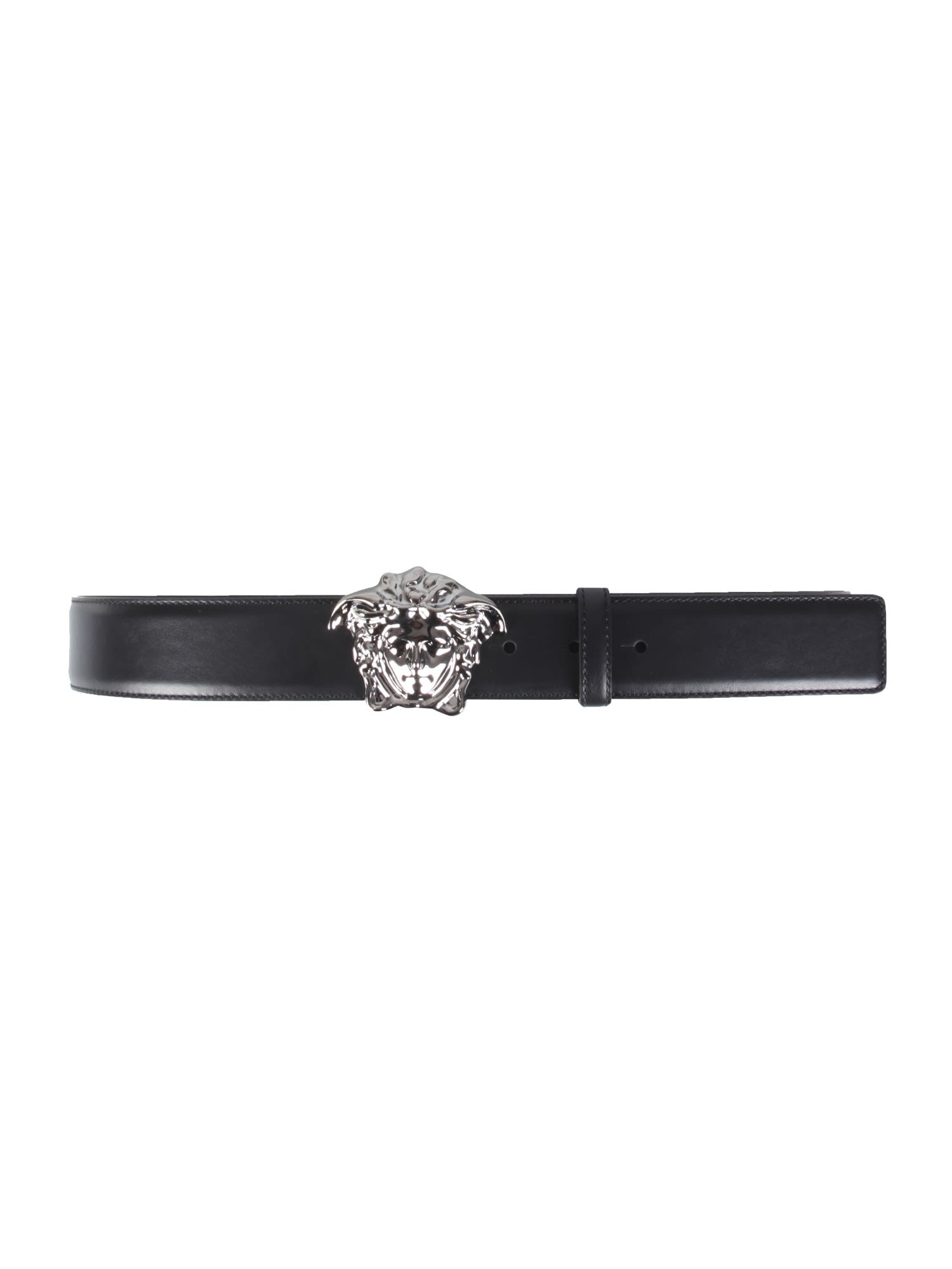 Versace Medusa Head Gold-toned Buckle Leather Belt In Nero