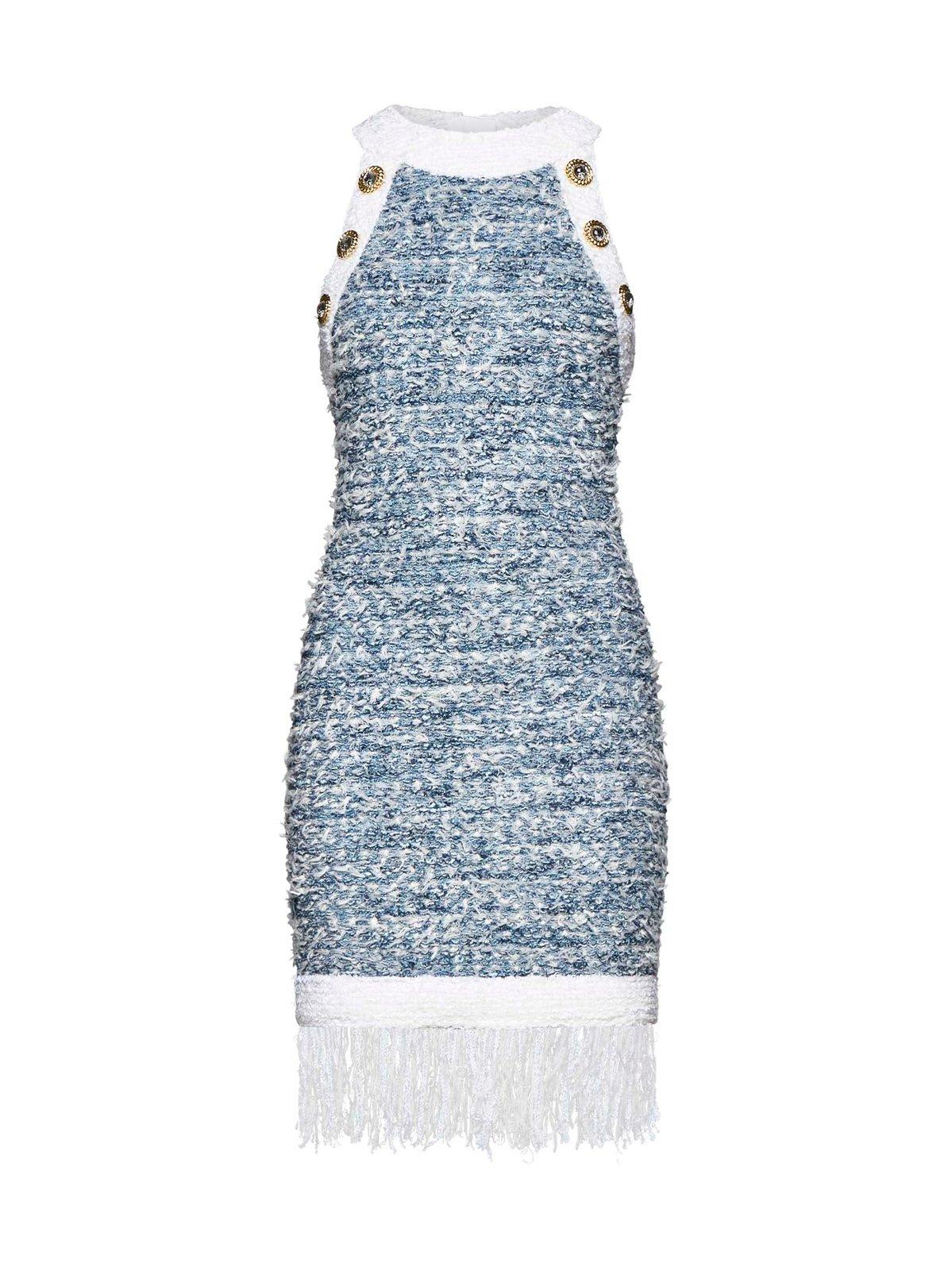 Shop Balmain Fringed Denim Tweed Dress In Blue/white