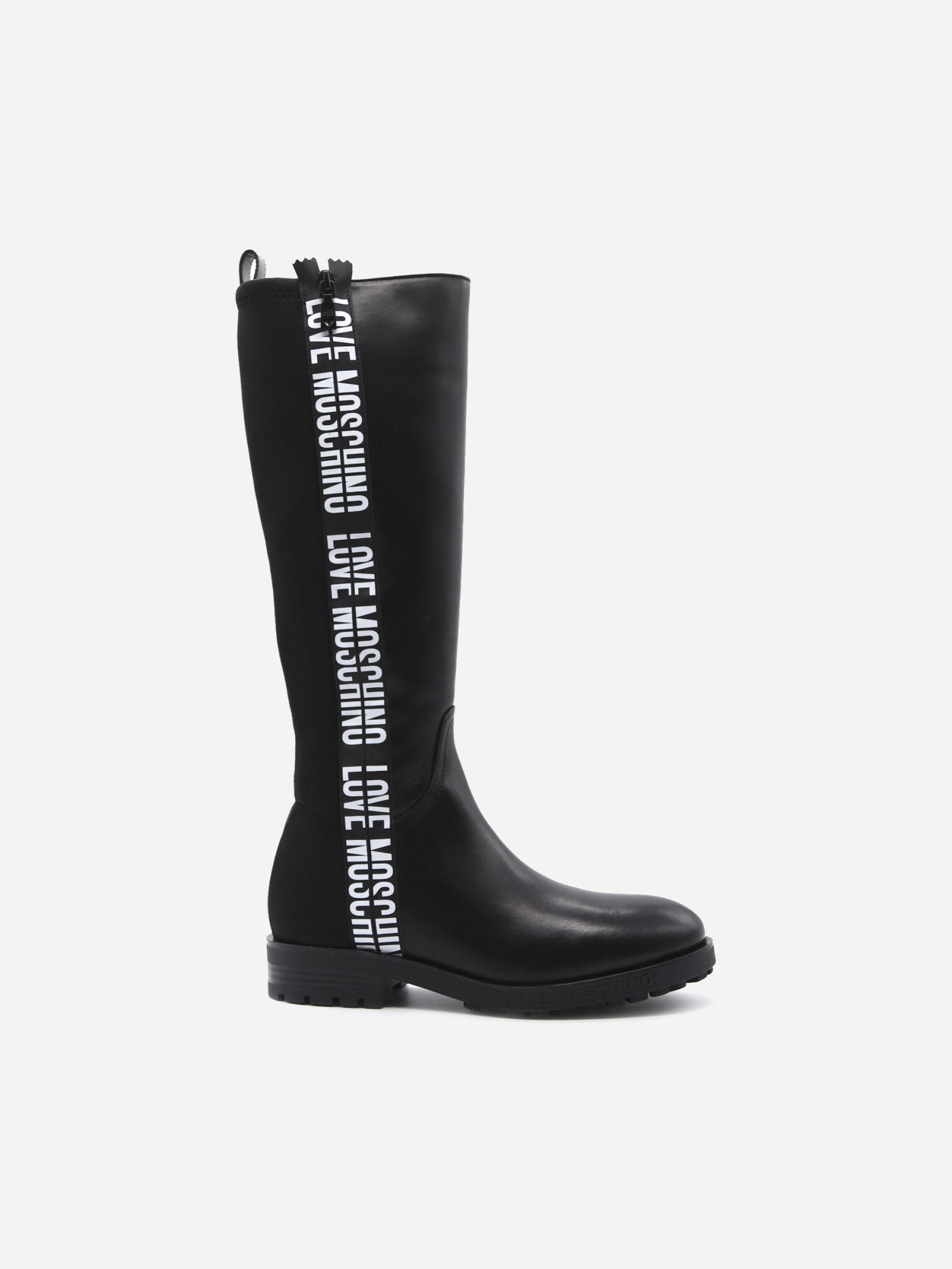 Buy Love Moschino Leather Boots With Contrasting Logo Band online, shop Love Moschino shoes with free shipping