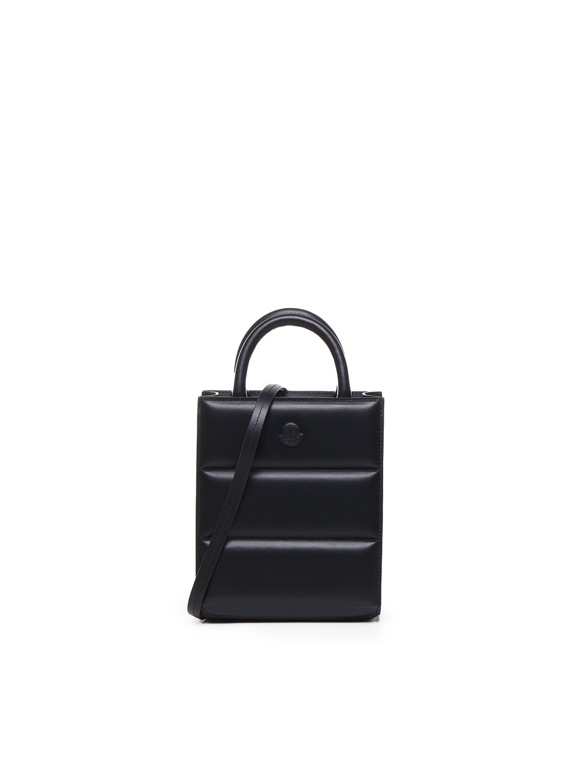Shop Moncler Leather Doudoune Mini Tote Bag In Black